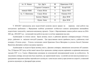 ім.. П. Яцика Бут Дар’я ІІІ Кравченко О.В.
Сердюк Єлизавета ІІІ Козуб Н.П.
знавців ОБЖ Смаль Юлія І Бунда М.О.
ім.. Т. Шевченка Смаль Юлія ІІ Олешко О.О.
Ісаєнко Марина І Дузь В.М.
Купко Анна ІІ Дузь В.М.
У 20162017 навчальному році педагогічний колектив школи працює на першому етапі роботи над
методичною проблемою « Формування всебічно розвиненої особистості шляхом провадження інноваційних
педагогічних технологій у навчально-виховному процесі». Згідно з Перспективним планом роботи школи на 2016-
2021 рр., 2016-2017 н.р – початковий етап роботи над нею та логічне завершення над нею.
Адміністрація та вчителі школи брали активну участь в районних фахових семінарах,конкурсі «Учитель
року», районних та шкільних методоб’єднаннях . Три представники школи приймали участь у районному етапі
конкурсу «Учитель року» . Учитель початкових класів Кравченко Ольга Вікторівна та учитель біології Левченко
Валентина Дмитрівна здобули заслужену перемогу.
Адміністрація та педагоги брали активну участь у фахових семінарах, міжшкільних методичних об’єднаннях.
Так, 23 березня 2017 року на базі нашої школи було проведено семінар класних керівників та керівників навчальних
закладів ОТГ та м. Гадяча «Превентивне виховання як комплексний цілеспрямований вплив на особистість». За
підсумками семінару методистами було відмічено, що превентивний підхід в освітній системі школи розвивається з
урахуванням передовихнадбань європейськогодосвідуяк єдина модель захисту прав дитини на здоров’я, соціальний
розвиток відповідно до Декларації прав дитини.
 