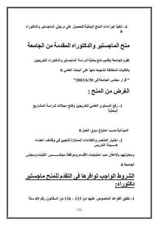 - 53 -
4
-
‫والد‬ ‫الماجستير‬ ‫درجتي‬ ‫على‬ ‫للحصول‬ ‫البحثية‬ ‫المنح‬ ‫إجراءات‬ ‫تنفيذ‬
‫كتوراه‬
0
‫الجامعة‬ ‫من‬ ‫المقدمة‬ ‫والدكتوراه‬ ‫الماجستير‬ ‫منح‬
‫للخريجين‬ ‫والدكتوراه‬ ‫الماجستير‬ ‫لدراسة‬ ‫بحثية‬ ‫منح‬ ‫بتقديم‬ ‫الجامعة‬ ‫تقوم‬
‫العلمي‬ ‫البحث‬ ‫على‬ ‫منها‬ ‫تشجيعا‬ ‫المختلفة‬ ‫بالكليات‬
0
‫فى‬ ‫الجامعة‬ ‫مجلس‬ ‫قرار‬ "
30
/
6
/
2003
"
: ‫المنح‬ ‫من‬ ‫الغرض‬
1
-
‫للخريجين‬ ‫العلمي‬ ‫المستوى‬ ‫رفع‬
‫المشاريع‬ ‫لدراسة‬ ‫مجاالت‬ ‫وفتح‬
‫البحثية‬
‫العمل‬ ‫سوق‬ ‫احتياج‬ ‫حسب‬ ‫الميدانية‬
0
2
-
‫الممتاز‬ ‫والكفاءات‬ ‫العناصر‬ ‫اختيار‬
‫ة‬
‫أعضاء‬ ‫وظائف‬ ‫في‬ ‫للتعيين‬
‫التدريس‬ ‫هــــــيئة‬
‫ومجلس‬ ‫الكليات‬ ‫مجالـــــــــس‬ ‫وموافقة‬ ‫األقسام‬ ‫احتياجات‬ ‫حب‬ ‫باإلعالن‬ ‫ومعاونيهم‬
‫الجامعة‬
0
‫الواجب‬ ‫الشروط‬
‫ماجستير‬ ‫للمنح‬ ‫التقدم‬ ‫فى‬ ‫توافرها‬
‫دكتوراه‬
:
1
-
‫من‬ ‫عليها‬ ‫المنصوص‬ ‫القواعد‬ ‫تطبق‬
133
–
136
‫رقم‬ ‫الـــقانون‬ ‫من‬
49
‫سنة‬
 