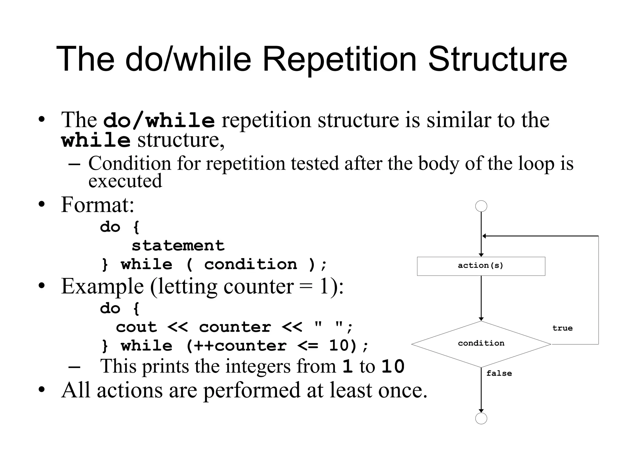 The do/while Repetition Structure
• The do/while repetition structure is similar to the
while structure,
– Condition for repetition tested after the body of the loop is
executed
• Format:
do {
statement
} while ( condition );
• Example (letting counter = 1):
do {
cout << counter << " ";
} while (++counter <= 10);
– This prints the integers from 1 to 10
• All actions are performed at least once.
true
false
action(s)
condition
 