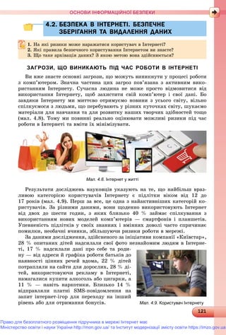 121121121121121121121121121121121121121121121121121121121121121121121121121121121121121121121121121121121121121121121121121121121121121121121121121121121121121121121121121121121121121
ОСНОВИ ІНФОРМАЦІЙНОЇ БЕЗПЕКИ
4.2. БЕЗПЕКА В ІНТЕРНЕТІ. БЕЗПЕЧНЕ4.2. БЕЗПЕКА В ІНТЕРНЕТІ. БЕЗПЕЧНЕ
ЗБЕРІГАННЯ ТА ВИДАЛЕННЯ ДАНИХЗБЕРІГАННЯ ТА ВИДАЛЕННЯ ДАНИХ
1.1. Íà ÿêі ðèçèêè ìîæå íàðàæàòèñÿ êîðèñòóâà÷ â Іíòåðíåòі?Íà ÿêі ðèçèêè ìîæå íàðàæàòèñÿ êîðèñòóâà÷ â Іíòåðíåòі?
2.2. ßêі ïðàâèëà áåçïå÷íîãî êîðèñòóâàííÿ Іíòåðíåòîì âè çíàєòå?ßêі ïðàâèëà áåçïå÷íîãî êîðèñòóâàííÿ Іíòåðíåòîì âè çíàєòå?
3. Ùî òàêå àðõіâàöіÿ äàíèõ? Ç ÿêîþ ìåòîþ âîíà çäіéñíþєòüñÿ?
ЗАГРОЗИ, ЩО ВИНИКАЮТЬ ПІД ЧАС РОБОТИ В ІНТЕРНЕТІ
Âè âæå çíàєòå îñíîâíі çàãðîçè, ùî ìîæóòü âèíèêíóòè ó ïðîöåñі ðîáîòè
ç êîìï’þòåðîì. Çíà÷íà ÷àñòèíà öèõ çàãðîç ïîâ’ÿçàíà ç àêòèâíèì âèêî-
ðèñòàííÿì Іíòåðíåòó. Ñó÷àñíà ëþäèíà íå ìîæå ïðîñòî âіäìîâèòèñÿ âіä
âèêîðèñòàííÿ Іíòåðíåòó, ùîá çàõèñòèòè ñâіé êîìï’þòåð і ñâîї äàíі. Áî
çàâäÿêè Іíòåðíåòó ìè ìèòòєâî îòðèìóєìî íîâèíè ç óñüîãî ñâіòó, âіëüíî
ñïіëêóєìîñÿ ç ëþäüìè, ùî ïåðåáóâàþòü ó ðіçíèõ êóòî÷êàõ ñâіòó, øóêàєìî
ìàòåðіàëè äëÿ íàâ÷àííÿ òà äëÿ ðîçâèòêó íàøèõ òâîð÷èõ çäіáíîñòåé òîùî
(ìàë. 4.8). Òîìó ìè ïîâèííі ðåàëüíî îöіíþâàòè ìîæëèâі ðèçèêè ïіä ÷àñ
ðîáîòè â Іíòåðíåòі òà âìіòè їõ ìіíіìіçóâàòè.
Мал. 4.8. Інтернет у житті
Ðåçóëüòàòè äîñëіäæåíü íàóêîâöіâ óêàçóþòü íà òå, ùî íàéáіëüø âðàç-
ëèâîþ êàòåãîðієþ êîðèñòóâà÷іâ Іíòåðíåòó є ïіäëіòêè âіêîì âіä 12 äî
17 ðîêіâ (ìàë. 4.9). Ïåðø çà âñå, öå îäíà ç íàéàêòèâíіøèõ êàòåãîðіé êî-
ðèñòóâà÷іâ. Çà ðіçíèìè äàíèìè, âîíè ùîäåííî âèêîðèñòîâóþòü Іíòåðíåò
âіä äâîõ äî øåñòè ãîäèí, ç ÿêèõ áëèçüêî 40 % çàéìàє ñïіëêóâàííÿ ç
âèêîðèñòàííÿì íîâèõ ìîäåëåé êîìï’þòåðіâ — ñìàðòôîíіâ і ïëàíøåòіâ.
Óïåâíåíіñòü ïіäëіòêіâ ó ñâîїõ çíàííÿõ і âìіííÿõ äîâîëі ÷àñòî ñïðè÷èíÿє
ïîìèëêè, íåîáà÷íі â÷èíêè, çáіëüøóþ÷è ðèçèêè ðîáîòè â ìåðåæі.
Çà äàíèìè äîñëіäæåííÿ, çäіéñíåíîãî çà іíіöіàòèâè êîìïàíії «Êèїâñòàð»,
28 % îïèòàíèõ äіòåé íàäñèëàëè ñâîї ôîòî íåçíàéîìèì ëþäÿì â Іíòåðíå-
òі, 17 % íàäñèëàëè äàíі ïðî ñåáå òà ðîäè-
íó — âіä àäðåñè é ãðàôіêà ðîáîòè áàòüêіâ äî
íàÿâíîñòі öіííèõ ðå÷åé âäîìà, 22 % äіòåé
ïîòðàïëÿëè íà ñàéòè äëÿ äîðîñëèõ, 28 % äі-
òåé, âèêîðèñòîâóþ÷è ðåêëàìó â Іíòåðíåòі,
íàìàãàëèñÿ êóïèòè àëêîãîëü àáî öèãàðêè, à
11 % — íàâіòü íàðêîòèêè. Áëèçüêî 14 %
âіäïðàâëÿëè ïëàòíі SMS-ïîâіäîìëåííÿ íà
çàïèò іíòåðíåò-іãîð äëÿ ïåðåõîäó íà іíøèé
ðіâåíü àáî äëÿ îòðèìàííÿ áîíóñіâ. Мал. 4.9. Користувач Інтернету
Право для безоплатного розміщення підручника в мережі Інтернет має
Міністерство освіти і науки України http://mon.gov.ua/ та Інститут модернізації змісту освіти https://imzo.gov.ua
 