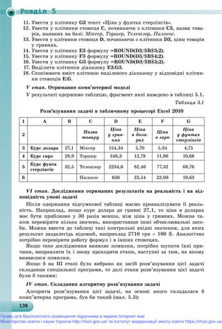 Роздiл 5
13813813813813813813813813813813813813813813813813813813813813813813813813813813813813813813813838
11. Óâåñòè ó êëіòèíêó G2 òåêñò «Öіíà ó ôóíòàõ ñòåðëіíãіâ».
12. Óâåñòè ó êëіòèíêè ñòîâïöÿ Ñ, ïî÷èíàþ÷è ç êëіòèíêè Ñ3, íàçâè òîâà-
ðіâ, íàÿâíèõ íà áàçі: Ìіêñåð, Òîðøåð, Òåëåâіçîð, Ïèëîñîñ.
13. Óâåñòè ó êëіòèíêè ñòîâïöÿ D, ïî÷èíàþ÷è ç êëіòèíêè D3, öіíè òîâàðіâ
ó ãðèâíÿõ.
14. Óâåñòè ó êëіòèíêó E3 ôîðìóëó =ROUND(D3/$Â$3;2).
15. Óâåñòè ó êëіòèíêó F3 ôîðìóëó =ROUND(D3/$Â$4;2).
16. Óâåñòè ó êëіòèíêó G3 ôîðìóëó =ROUND(D3/$Â$5;2).
17. Âèäіëèòè êëіòèíêè äіàïàçîíó Å3:G3.
18. Ñêîïіþâàòè âìіñò êëіòèíîê âèäіëåíîãî äіàïàçîíó ó âіäïîâіäíі êëіòèí-
êè ñòîâïöіâ Å:G.
V åòàï. Îòðèìàííÿ êîìï’þòåðíîї ìîäåëі
Ó ðåçóëüòàòі îäåðæèìî òàáëèöþ, ôðàãìåíò ÿêîї íàâåäåíî â òàáëèöі 5.1.
Òàáëèöÿ 5.1
Ðîçâ’ÿçóâàííÿ çàäà÷і â òàáëè÷íîìó ïðîöåñîðі Excel 2010
1 A B C D E F G
2
Íàçâà
òîâàðó
Öіíà
ó ãðèâ-
íÿõ
Öіíà
â äîëà-
ðàõ
Öіíà
â єâðî
Öіíà
ó ôóíòàõ
ñòåðëіíãіâ
3 Êóðñ äîëàðà 27,1 Ìіêñåð 154,34 5,70 5,34 4,75
4 Êóðñ єâðî 28,9 Òîðøåð 346,3 12,78 11,98 10,66
5
Êóðñ ôóíòà
ñòåðëіíãіâ
32,5 Òåëåâіçîð 2234,6 82,46 77,32 68,76
6 Ïèëîñîñ 638 23,54 22,08 19,63
VІ åòàï. Äîñëіäæåííÿ îòðèìàíèõ ðåçóëüòàòіâ íà ðåàëüíіñòü і íà âіä-
ïîâіäíіñòü óìîâі çàäà÷і
Ïіñëÿ îäåðæàííÿ ïіäñóìêîâîї òàáëèöі ìàєìî ïðîàíàëіçóâàòè її ðåàëü-
íіñòü. Íàïðèêëàä, ÿêùî êóðñ äîëàðà äî ãðèâíі 27,1, òî öіíà â äîëàðàõ
ìàє áóòè ïðèáëèçíî ó 30 ðàçіâ ìåíøà, íіæ öіíà ó ãðèâíÿõ. Ìîæíà òà-
êîæ ïåðåâіðèòè êіëüêà çíà÷åíü, âèêîðèñòàâøè іíøі îá÷èñëþâàëüíі çàñî-
áè. Ìîæíà ââåñòè äî òàáëèöі òàêі êîíòðîëüíі âõіäíі çíà÷åííÿ, äëÿ ÿêèõ
ðåçóëüòàò çàçäàëåãіäü âіäîìèé, íàïðèêëàä 2710 ãðí  100 $. Àíàëîãі÷íî
ïîòðіáíî ïåðåâіðèòè ðîáîòó ôîðìóë і â іíøèõ ñòîâïöÿõ.
ßêùî òàêå äîñëіäæåííÿ âèÿâëÿє ïîìèëêè, ïîòðіáíî øóêàòè їõíі ïðè-
÷èíè, âèïðàâëÿòè їõ і çíîâó ïðîõîäèòè åòàïè, íàñòóïíі çà òèì, íà ÿêîìó
âèÿâèëèñÿ ïîìèëêè.
ßêùî á íà ІІІ åòàïі áóëî âèáðàíî ÿê çàñіá ðîçâ’ÿçóâàííÿ öієї çàäà÷і
ñêëàäàííÿ ñïåöіàëüíîї ïðîãðàìè, òî äàëі åòàïè ðîçâ’ÿçóâàííÿ öієї çàäà÷і
áóëè á òàêèìè:
ІV åòàï. Ñêëàäàííÿ àëãîðèòìó ðîçâ’ÿçóâàííÿ çàäà÷і
Àëãîðèòì ðîçâ’ÿçóâàííÿ öієї çàäà÷і, íà îñíîâі ÿêîãî ñêëàäàëàñÿ á
êîìï’þòåðíà ïðîãðàìà, áóâ áè òàêèé (ìàë. 5.3):
Право для безоплатного розміщення підручника в мережі Інтернет має
Міністерство освіти і науки України http://mon.gov.ua/ та Інститут модернізації змісту освіти https://imzo.gov.ua
 