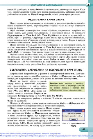 1491491491491491491491491491491491491491491491491491491491491491491491491491491491491491491491499
КОМП’ЮТЕРНЕ МОДЕЛЮВАННЯ
îïåðàöіé ðîçìіùåíî â ìåíþ Ôîðìàò і â êîíòåêñòíèõ ìåíþ âóçëіâ êàðòè. Êðіìò
òîãî, øðèôò ñèìâîëіâ òåêñòó òà їõ ðîçìіð ìîæíà çìіíèòè, âèáðàâøè çíà÷åííÿ
ó âіäïîâіäíèõ ïîëÿõ íà Ïàíåëі іíñòðóìåíòіâ ó âіêíі ðåäàêòîðà êàðò çíàíü.
РЕДАГУВАННЯ КАРТИ ЗНАНЬ
Êàðòó çíàíü ìîæíà ðåäàãóâàòè: ïåðåíîñèòè âóçëè âëіâî àáî âïðàâî âіä-
íîñíî êîðåíåâîãî âóçëà, ïåðåìіùóâàòè ç îäíієї ãіëêè íà іíøó, âèäàëÿòè
âóçëè òà іíøå.
Ùîá çìіíèòè ðîçòàøóâàííÿ âóçëà âіäíîñíî êîðåíåâîãî, ïîòðіáíî âè-
áðàòè âóçîë, äëÿ ÿêîãî áàòüêіâñüêèì є êîðåíåâèé âóçîë, òà âèêîíàòè
Ïåðåìіùåííÿ  Node Left (àáî Node Right) (àíãë. node — âóçîë, left —
óëіâî, right — óïðàâî). Ñòðóêòóðà êàðòè çíàíü ïðè öüîìó íå çìіíþєòüñÿ,
âóçîë çàëèøàєòüñÿ ç’єäíàíèì ëіíієþ ç êîðåíåâèì âóçëîì. Ðàçîì ç âóçëîì
çìіíþþòü ïîëîæåííÿ і éîãî äî÷іðíі âóçëè.
ßêùî âèáðàòè âóçîë, äëÿ ÿêîãî áàòüêіâñüêèì є íå êîðåíåâèé âóçîë, òî
ïіä ÷àñ âèêîíàííÿ Ïåðåìіùåííÿ  Node Left âóçîë ïåðåìіùóâàòèìåòüñÿ
âëіâî, çìіíþþ÷è áàòüêіâñüêèé âóçîë, à ïіñëÿ âèêîíàííÿ Ïåðåìіùåííÿ 
Node Right — óïðàâî. Ïðè öüîìó ñòðóêòóðà êàðòè çíàíü çìіíþєòüñÿ.
Âóçëè òàêîæ ìîæíà âèäàëÿòè, êîïіþâàòè òà ïåðåìіùóâàòè ìіæ ðіçíè-
ìè ãіëêàìè, çìіíþþ÷è òàêèì ÷èíîì ñòðóêòóðó êàðòè. Äëÿ öüîãî ìîæíà
âèêîðèñòàòè âіäïîâіäíі êîìàíäè ìåíþ Çìіíèòè òåêñò àáî êîíòåêñòíîãî
ìåíþ âóçëà. Ïіä ÷àñ âèêîíàííÿ äії íàä áàòüêіâñüêèì âóçëîì âіäïîâіäíà
îïåðàöіÿ âèêîíóєòüñÿ íàä óñіìà éîãî äî÷іðíіìè âóçëàìè.
ЗБЕРЕЖЕННЯ, ЗАКРИВАННЯ ТА ВІДКРИВАННЯ КАРТ ЗНАНЬ
Êàðòè çíàíü çáåðіãàþòüñÿ ó ôàéëàõ ç ðîçøèðåííÿì іìåíі mm. Ùîá çáå-
ðåãòè ñòâîðåíó êàðòó, ïîòðіáíî âèêîíàòè Ôàéë  Çáåðåãòè ÿê, âèáðàòè
ïàïêó äëÿ çáåðåæåííÿ, óâåñòè іì’ÿ ôàéëà òà âèáðàòè êíîïêó Save.
ßêùî âè ìàєòå íàìіð óñòàâèòè
êàðòó çíàíü ó òåêñòîâèé äîêóìåíò
àáî ïðåçåíòàöіþ, òî êàðòà çíàíü
ìîæå áóòè çáåðåæåíà ÿê çîáðàæåííÿ
òèïó PNG àáî JPEG. Äëÿ öüîãî ïî-
òðіáíî çàìіñòü êîìàíäè Çáåðåãòè ÿê
âèêîíàòè Åêñïîðòóâàòè  ßê PNG (àáî ßê JPEG).
ßêùî âè çàâåðøèëè ðîáîòó ç êàðòîþ, її ìîæíà çàêðèòè, âèêîíàâøè
Ôàéë  Çàêðèòè.
Âіäêðèòè çáåðåæåíó êàðòó ìîæíà, âèêîíàâøè Ôàéë  Âіäêðèòè, âіä-
êðèâøè ïàïêó òà âèáðàâøè ôàéë ç ïîòðіáíîþ êàðòîþ.
Êàðòó çíàíü ìîæíà íàäðóêóâàòè. Ïåðåä ïî÷àò-
êîì äðóêó âàðòî âñòàíîâèòè ïàðàìåòðè ñòîðіí-
êè, âèêîíàâøè Ôàéë  Ïàðàìåòðè ñòîðіíêè.
Ó âіêíі Ìàñøòàá äðóêó, ùî âіäêðèєòüñÿ, ìîæíà
âñòàíîâèòè ïîçíà÷êó ïðàïîðöÿ Óìіñòèòè íà ñòî-
ðіíöі àáî ââåñòè êîåôіöієíò äðóêó ó âіäïîâіäíå
ïîëå (ìàë. 5.11). Ïіñëÿ âèáîðó ìàñøòàáó äðóêó
ìîæíà ïåðåãëÿíóòè, ÿê êàðòó áóäå ðîçìіùåíî íà
Åêñïîðò (ëàò. exporto – âèíîøó,
âèâîæó) – âèâіç ç òåðèòîðії êðàїíè
çà êîðäîí òîâàðіâ і ïîñëóã áåç
çîáîâ’ÿçàííÿ їõíüîãî ïîâåðíåííÿ.
Мал. 5.11. Вікно Масштаб
друку
Право для безоплатного розміщення підручника в мережі Інтернет має
Міністерство освіти і науки України http://mon.gov.ua/ та Інститут модернізації змісту освіти https://imzo.gov.ua
 