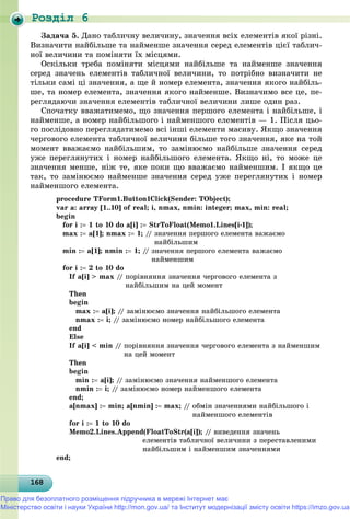 Роздiл 6
16816816816816816816816816816816816816816816816816816816816816816816816816816816816816816816868
Çàäà÷à 5. Äàíî òàáëè÷íó âåëè÷èíó, çíà÷åííÿ âñіõ åëåìåíòіâ ÿêîї ðіçíі.
Âèçíà÷èòè íàéáіëüøå òà íàéìåíøå çíà÷åííÿ ñåðåä åëåìåíòіâ öієї òàáëè÷-
íîї âåëè÷èíè òà ïîìіíÿòè їõ ìіñöÿìè.
Îñêіëüêè òðåáà ïîìіíÿòè ìіñöÿìè íàéáіëüøå òà íàéìåíøå çíà÷åííÿ
ñåðåä çíà÷åíü åëåìåíòіâ òàáëè÷íîї âåëè÷èíè, òî ïîòðіáíî âèçíà÷èòè íå
òіëüêè ñàìі öі çíà÷åííÿ, à ùå é íîìåð åëåìåíòà, çíà÷åííÿ ÿêîãî íàéáіëü-
øå, òà íîìåð åëåìåíòà, çíà÷åííÿ ÿêîãî íàéìåíøå. Âèçíà÷èìî âñå öå, ïå-
ðåãëÿäàþ÷è çíà÷åííÿ åëåìåíòіâ òàáëè÷íîї âåëè÷èíè ëèøå îäèí ðàç.
Ñïî÷àòêó ââàæàòèìåìî, ùî çíà÷åííÿ ïåðøîãî åëåìåíòà і íàéáіëüøå, і
íàéìåíøå, à íîìåð íàéáіëüøîãî і íàéìåíøîãî åëåìåíòіâ — 1. Ïіñëÿ öüî-
ãî ïîñëіäîâíî ïåðåãëÿäàòèìåìî âñі іíøі åëåìåíòè ìàñèâó. ßêùî çíà÷åííÿ
÷åðãîâîãî åëåìåíòà òàáëè÷íîї âåëè÷èíè áіëüøå òîãî çíà÷åííÿ, ÿêå íà òîé
ìîìåíò ââàæàєìî íàéáіëüøèì, òî çàìіíþєìî íàéáіëüøå çíà÷åííÿ ñåðåä
óæå ïåðåãëÿíóòèõ і íîìåð íàéáіëüøîãî åëåìåíòà. ßêùî íі, òî ìîæå öå
çíà÷åííÿ ìåíøå, íіæ òå, ÿêå ïîêè ùî ââàæàєìî íàéìåíøèì. І ÿêùî öå
òàê, òî çàìіíþєìî íàéìåíøå çíà÷åííÿ ñåðåä óæå ïåðåãëÿíóòèõ і íîìåð
íàéìåíøîãî åëåìåíòà.
procedure TForm1.Button1Click(Sender: TObject);
var a: array [1..10] of real; i, nmax, nmin: integer; max, min: real;
begin
for i : 1 to 10 do a[i] : StrToFloat(Memo1.Lines[i-1]);
max : a[1]; nmax : 1; // çíà÷åííÿ ïåðøîãî åëåìåíòà âàæàєìî
íàéáіëüøèì
min : a[1]; nmin : 1; // çíà÷åííÿ ïåðøîãî åëåìåíòà âàæàєìî
íàéìåíøèì
for i : 2 to 10 do
If a[i] > max // ïîðіâíÿííÿ çíà÷åííÿ ÷åðãîâîãî åëåìåíòà ç
íàéáіëüøèì íà öåé ìîìåíò
Then
begin
max : a[i]; // çàìіíþєìî çíà÷åííÿ íàéáіëüøîãî åëåìåíòà
nmax : i; // çàìіíþєìî íîìåð íàéáіëüøîãî åëåìåíòà
end
Else
If a[i] < min // ïîðіâíÿííÿ çíà÷åííÿ ÷åðãîâîãî åëåìåíòà ç íàéìåíøèì
íà öåé ìîìåíò
Then
begin
min : a[i]; // çàìіíþєìî çíà÷åííÿ íàéìåíøîãî åëåìåíòà
nmin : i; // çàìіíþєìî íîìåð íàéìåíøîãî åëåìåíòà
end;
a[nmax] : min; a[nmin] : max; // îáìіí çíà÷åííÿìè íàéáіëüøîãî і
íàéìåíøîãî åëåìåíòіâ
for i : 1 to 10 do
Memo2.Lines.Append(FloatToStr(a[i]); // âèâåäåííÿ çíà÷åíü
åëåìåíòіâ òàáëè÷íîї âåëè÷èíè ç ïåðåñòàâëåíèìè
íàéáіëüøèì і íàéìåíøèì çíà÷åííÿìè
end;
Право для безоплатного розміщення підручника в мережі Інтернет має
Міністерство освіти і науки України http://mon.gov.ua/ та Інститут модернізації змісту освіти https://imzo.gov.ua
 
