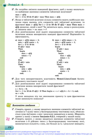 Роздiл 6
172172172172172172172172172172172172172172172172172172172172172172172172172172172172172172172
3. ßê ïîòðіáíî çìіíèòè íàâåäåíèé ôðàãìåíò, ùîá ó íüîìó âèçíà÷àëî-
ñÿ íàéìåíøå çíà÷åííÿ åëåìåíòіâ òàáëè÷íîї âåëè÷èíè?
max : a[1];
for i : 2 to 10 do If a[i] > max Then max : a[i];
4. ßêùî â òàáëè÷íіé âåëè÷èíі êіëüêà åëåìåíòіâ ìàþòü íàéáіëüøå çíà-
÷åííÿ ñåðåä çíà÷åíü óñіõ åëåìåíòіâ öієї òàáëè÷íîї âåëè÷èíè, òî
ôðàãìåíò max : a[1]; for i : 2 to 10 do If a[i] > max Then max :
a[i]; âèçíà÷àє, ÿêèé ç íèõ? ×è çìіíèòüñÿ ùîñü, ÿêùî â ðîçãàëóæåí-
íі çìіíèòè çíàê > íà çíàê >?
5. Äëÿ ðîçâ’ÿçóâàííÿ ÿêîї çàäà÷і îïðàöþâàííÿ åëåìåíòіâ òàáëè÷íîї
âåëè÷èíè ìîæíà âèêîðèñòàòè íàâåäåíі ôðàãìåíòè? Ïîðіâíÿéòå їõ
åôåêòèâíіñòü.
à) max : a[1]; nmax : 1;
min : a[1]; nmin : 1;
for i : 2 to 10 do
If a[i] > max
Then
begin
max : a[i];
nmax : i;
end
Else
If a[i] < min
Then
begin
min : a[i];
nmin : i;
end;
á) max : a[1]; nmax : 1;
min : a[1]; nmin : 1;
for i : 2 to 10 do
begin
If a[i] > max
Then
begin
max : a[i];
nmax : i;
end;
If a[i] < min
Then
begin
min : a[i];
nmin : i;
end;
end;
6. Äëÿ ÷îãî âèêîðèñòîâóþòü âëàñòèâіñòü Memo1.Lines.Count áàãàòî-
ðÿäêîâîãî òåêñòîâîãî ïîëÿ?
7. Äëÿ ðîçâ’ÿçóâàííÿ ÿêîї çàäà÷і îïðàöþâàííÿ åëåìåíòіâ òàáëè÷íîї
âåëè÷èíè ìîæíà âèêîðèñòàòè òàêèé ôðàãìåíò?
s : 0; k : 0;
for i : 1 to 10 do If a[i] > 0 Then begin s : s + a[i]; k : k + 1; end;
sa : s/k;
Ó ÿêèõ âèïàäêàõ ïіä ÷àñ âèêîíàííÿ ïðîåêòó іç öèì ôðàãìåíòîì
ìîæå âèíèêíóòè ïîìèëêà?
Виконайте завдання
1. Ñòâîðіòü ïðîåêò, ó ÿêîìó ââîäÿòüñÿ çíà÷åííÿ åëåìåíòіâ òàáëè÷íîї âå-
ëè÷èíè іç 7 öіëèõ ÷èñåë ó áàãàòîðÿäêîâîìó òåêñòîâîìó ïîëі, îá÷èñëþ-
єòüñÿ ñóìà âіä’єìíèõ ç íèõ і ðåçóëüòàò âèâîäèòüñÿ â íàïèñ. Çáåðåæіòü
ïðîåêò ó ïàïöі ç іìåíåì Çàâäàííÿ 6.2.1, ñòâîðåíіé ó âàøіé ïàïöі.
2. Ñòâîðіòü ïðîåêò, ó ÿêîìó ââîäÿòüñÿ çíà÷åííÿ åëåìåíòіâ òàáëè÷íîї
âåëè÷èíè ç 8 äіéñíèõ ÷èñåë ó áàãàòîðÿäêîâîìó òåêñòîâîìó ïîëі,
âèçíà÷àєòüñÿ êіëüêіñòü ç íèõ, ÿêі áіëüøі çà 5, і ðåçóëüòàò âèâîäèòü-
Право для безоплатного розміщення підручника в мережі Інтернет має
Міністерство освіти і науки України http://mon.gov.ua/ та Інститут модернізації змісту освіти https://imzo.gov.ua
 