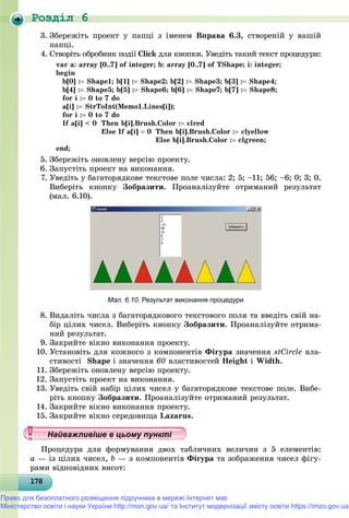Роздiл 6
1781781781781781781781781781781781781781781781781781781781781781781781781781781781781781781788
3. Çáåðåæіòü ïðîåêò ó ïàïöі ç іìåíåì Âïðàâà 6.3, ñòâîðåíіé ó âàøіé
ïàïöі.
4. Ñòâîðіòü îáðîáíèê ïîäії Click äëÿ êíîïêè. Óâåäіòü òàêèé òåêñò ïðîöåäóðè:k
var a: array [0..7] of integer; b: array [0..7] of TShape; i: integer;
begin
b[0] : Shape1; b[1] : Shape2; b[2] : Shape3; b[3] : Shape4;
b[4] : Shape5; b[5] : Shape6; b[6] : Shape7; b[7] : Shape8;
for i : 0 to 7 do
a[i] : StrToInt(Memo1.Lines[i]);
for i : 0 to 7 do
If a[i] < 0 Then b[i].Brush.Color : clred
Else If a[i]  0 Then b[i].Brush.Color : clyellow
Else b[i].Brush.Color : clgreen;
end;
5. Çáåðåæіòü îíîâëåíó âåðñіþ ïðîåêòó.
6. Çàïóñòіòü ïðîåêò íà âèêîíàííÿ.
7. Óâåäіòü ó áàãàòîðÿäêîâå òåêñòîâå ïîëå ÷èñëà: 2; 5; –11; 56; –6; 0; 3; 0.
Âèáåðіòü êíîïêó Çîáðàçèòè. Ïðîàíàëіçóéòå îòðèìàíèé ðåçóëüòàò
(ìàë. 6.10).
Мал. 6.10. Результат виконання процедури
8. Âèäàëіòü ÷èñëà ç áàãàòîðÿäêîâîãî òåêñòîâîãî ïîëÿ òà ââåäіòü ñâіé íà-
áіð öіëèõ ÷èñåë. Âèáåðіòü êíîïêó Çîáðàçèòè. Ïðîàíàëіçóéòå îòðèìà-
íèé ðåçóëüòàò.
9. Çàêðèéòå âіêíî âèêîíàííÿ ïðîåêòó.
10. Óñòàíîâіòü äëÿ êîæíîãî ç êîìïîíåíòіâ Ôіãóðà çíà÷åííÿ stCircle âëà-
ñòèâîñòі Shape і çíà÷åííÿ 60 âëàñòèâîñòåé Height і Width.
11. Çáåðåæіòü îíîâëåíó âåðñіþ ïðîåêòó.
12. Çàïóñòіòü ïðîåêò íà âèêîíàííÿ.
13. Óâåäіòü ñâіé íàáіð öіëèõ ÷èñåë ó áàãàòîðÿäêîâå òåêñòîâå ïîëå. Âèáå-
ðіòü êíîïêó Çîáðàçèòè. Ïðîàíàëіçóéòå îòðèìàíèé ðåçóëüòàò.
14. Çàêðèéòå âіêíî âèêîíàííÿ ïðîåêòó.
15. Çàêðèéòå âіêíî ñåðåäîâèùà Lazarus.
Ïðîöåäóðà äëÿ ôîðìóâàííÿ äâîõ òàáëè÷íèõ âåëè÷èí ç 5 åëåìåíòіâ:
a — іç öіëèõ ÷èñåë, b — ç êîìïîíåíòіâ Ôіãóðà òà çîáðàæåííÿ ÷èñåë ôіãó-
ðàìè âіäïîâіäíèõ âèñîò:
у уц у уц у уц у уц у уц у уц у уц у уц у уц у уц у уц у уНайважливіше в цьому пункНайважливіше в цьому пункНайважливіше в цьому пункНайважливіше в цьому пункНайважливіше в цьому пункНайважливіше в цьому пункНайважливіше в цьому пункНайважливіше в цьому пункНайважливіше в цьому пункНайважливіше в цьому пункНайважливіше в цьому пункНайважливіше в цьому пункНайважливіше в цьому пункНайважливіше в цьому пункНайважливіше в цьому пункНайважливіше в цьому пункНайважливіше в цьому пункНайважливіше в цьому пункНайважливіше в цьому пункНайважливіше в цьому пункНайважливіше в цьому пункНайважливіше в цьому пункНайважливіше в цьому пункНайважливіше в цьому пункНайважливіше в цьому пункНайважливіше в цьому пункНайважливіше в цьому пункНайважливіше в цьому пункНайважливіше в цьому пункНайважливіше в цьому пункНайважливіше в цьому пункНайважливіше в цьому пункНайважливіше в цьому пункНайважливіше в цьому пункНайважливіше в цьому пункНайважливіше в цьому пункНайважливіше в цьому пункНайважливіше в цьому пункНайважливіше в цьому пункНайважливіше в цьому пункНайважливіше в цьому пункНайважливіше в цьому пункНайважливіше в цьому пункНайважливіше в цьому пункНайважливіше в цьому пункНайважливіше в цьому пункНайва ві е в оНайва ві е в оН й іН й іН й іН й іН й іН й іН й іН й іН й іН й іН й іН й іН й іН й іН й і
Право для безоплатного розміщення підручника в мережі Інтернет має
Міністерство освіти і науки України http://mon.gov.ua/ та Інститут модернізації змісту освіти https://imzo.gov.ua
 