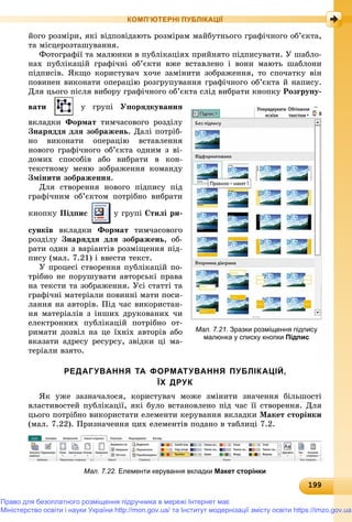 19919919919919919919919919919919919919919919919919919919919919919919919919919919919919919919919919919919919919919919919919919919919919999
КОМП’ЮТЕРНІ ПУБЛІКАЦІЇ
éîãî ðîçìіðè, ÿêі âіäïîâіäàþòü ðîçìіðàì ìàéáóòíüîãî ãðàôі÷íîãî îá’єêòà,
òà ìіñöåðîçòàøóâàííÿ.
Ôîòîãðàôії òà ìàëþíêè â ïóáëіêàöіÿõ ïðèéíÿòî ïіäïèñóâàòè. Ó øàáëî-
íàõ ïóáëіêàöіé ãðàôі÷íі îá’єêòè âæå âñòàâëåíî і âîíè ìàþòü øàáëîíè
ïіäïèñіâ. ßêùî êîðèñòóâà÷ õî÷å çàìіíèòè çîáðàæåííÿ, òî ñïî÷àòêó âіí
ïîâèíåí âèêîíàòè îïåðàöіþ ðîçãðóïóâàííÿ ãðàôі÷íîãî îá’єêòà é íàïèñó.
Äëÿ öüîãî ïіñëÿ âèáîðó ãðàôі÷íîãî îá’єêòà ñëіä âèáðàòè êíîïêó Ðîçãðóïó-
âàòè ó ãðóïі Óïîðÿäêóâàííÿ
âêëàäêè Ôîðìàò òèì÷àñîâîãî ðîçäіëó
Çíàðÿääÿ äëÿ çîáðàæåíü. Äàëі ïîòðіá-
íî âèêîíàòè îïåðàöіþ âñòàâëåííÿ
íîâîãî ãðàôі÷íîãî îá’єêòà îäíèì ç âі-
äîìèõ ñïîñîáіâ àáî âèáðàòè â êîí-
òåêñòíîìó ìåíþ çîáðàæåííÿ êîìàíäó
Çìіíèòè çîáðàæåííÿ.
Äëÿ ñòâîðåííÿ íîâîãî ïіäïèñó ïіä
ãðàôі÷íèì îá’єêòîì ïîòðіáíî âèáðàòè
êíîïêó Ïіäïèñ ó ãðóïі Ñòèëі ðè-
ñóíêіâ âêëàäêè Ôîðìàò òèì÷àñîâîãî
ðîçäіëó Çíàðÿääÿ äëÿ çîáðàæåíü, îá-
ðàòè îäèí ç âàðіàíòіâ ðîçìіùåííÿ ïіä-
ïèñó (ìàë. 7.21) і ââåñòè òåêñò.
Ó ïðîöåñі ñòâîðåííÿ ïóáëіêàöіé ïî-
òðіáíî íå ïîðóøóâàòè àâòîðñüêі ïðàâà
íà òåêñòè òà çîáðàæåííÿ. Óñі ñòàòòі òà
ãðàôі÷íі ìàòåðіàëè ïîâèííі ìàòè ïîñè-
ëàííÿ íà àâòîðіâ. Ïіä ÷àñ âèêîðèñòàí-
íÿ ìàòåðіàëіâ ç іíøèõ äðóêîâàíèõ ÷è
åëåêòðîííèõ ïóáëіêàöіé ïîòðіáíî îò-
ðèìàòè äîçâіë íà öå їõíіõ àâòîðіâ àáî
âêàçàòè àäðåñó ðåñóðñó, çâіäêè öі ìà-
òåðіàëè âçÿòî.
РЕДАГУВАННЯ ТА ФОРМАТУВАННЯ ПУБЛІКАЦІЙ,
ЇХ ДРУК
ßê óæå çàçíà÷àëîñÿ, êîðèñòóâà÷ ìîæå çìіíèòè çíà÷åííÿ áіëüøîñòі
âëàñòèâîñòåé ïóáëіêàöії, ÿêі áóëî âñòàíîâëåíî ïіä ÷àñ її ñòâîðåííÿ. Äëÿ
öüîãî ïîòðіáíî âèêîðèñòàòè åëåìåíòè êåðóâàííÿ âêëàäêè Ìàêåò ñòîðіíêè
(ìàë. 7.22). Ïðèçíà÷åííÿ öèõ åëåìåíòіâ ïîäàíî â òàáëèöі 7.2.
Мал. 7.22. Елементи керування вкладки Макет сторінки
Мал. 7.21. Зразки розміщення підпису
малюнка у списку кнопки Підпис
Право для безоплатного розміщення підручника в мережі Інтернет має
Міністерство освіти і науки України http://mon.gov.ua/ та Інститут модернізації змісту освіти https://imzo.gov.ua
 