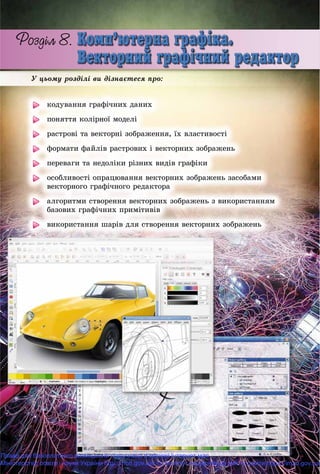 Ó öüîìó ðîçäіëі âè äіçíàєòåñÿ ïðî:
êîäóâàííÿ ãðàôі÷íèõ äàíèõ
ïîíÿòòÿ êîëіðíîї ìîäåëі
ðàñòðîâі òà âåêòîðíі çîáðàæåííÿ, їõ âëàñòèâîñòі
ôîðìàòè ôàéëіâ ðàñòðîâèõ і âåêòîðíèõ çîáðàæåíü
ïåðåâàãè òà íåäîëіêè ðіçíèõ âèäіâ ãðàôіêè
îñîáëèâîñòі îïðàöþâàííÿ âåêòîðíèõ çîáðàæåíü çàñîáàìè
âåêòîðíîãî ãðàôі÷íîãî ðåäàêòîðà
àëãîðèòìè ñòâîðåííÿ âåêòîðíèõ çîáðàæåíü ç âèêîðèñòàííÿì
áàçîâèõ ãðàôі÷íèõ ïðèìіòèâіâ
âèêîðèñòàííÿ øàðіâ äëÿ ñòâîðåííÿ âåêòîðíèõ çîáðàæåíü
Право для безоплатного розміщення підручника в мережі Інтернет має
Міністерство освіти і науки України http://mon.gov.ua/ та Інститут модернізації змісту освіти https://imzo.gov.ua
 