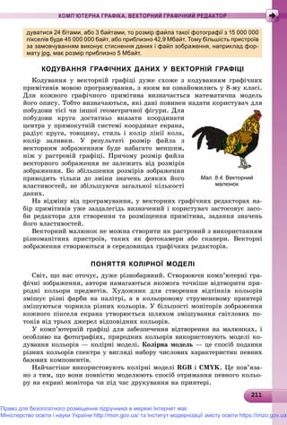 211211211211211211211211211211211211211211211211211211211211211211211211211211211211211211211211211211211211211211211211
КОМП’ЮТЕРНА ГРАФІКА. ВЕКТОРНИЙ ГРАФІЧНИЙ РЕДАКТОР
дуватися 24 бітами, або 3 байтами, то розмір файла такої фотографії з 15 000 000
пікселів буде 45 000 000 байт, або приблизно 42,9 Мбайт. Тому більшість пристроїв
за замовчуванням виконує стиснення даних і файл зображення, наприклад фор-
мату jpg, має розмір приблизно 5 Мбайт.
КОДУВАННЯ ГРАФІЧНИХ ДАНИХ У ВЕКТОРНІЙ ГРАФІЦІ
Êîäóâàííÿ ó âåêòîðíіé ãðàôіöі äóæå ñõîæå ç êîäóâàííÿì ãðàôі÷íèõ
ïðèìіòèâіâ ìîâîþ ïðîãðàìóâàííÿ, ç ÿêèì âè îçíàéîìèëèñü ó 8-ìó êëàñі.
Äëÿ êîæíîãî ãðàôі÷íîãî ïðèìіòèâà âèçíà÷àєòüñÿ ìàòåìàòè÷íà ìîäåëü
éîãî îïèñó. Òîáòî âèçíà÷àþòüñÿ, ÿêі äàíі ïîâèíåí íàäàòè êîðèñòóâà÷ äëÿ
ïîáóäîâè òієї ÷è іíøîї ãåîìåòðè÷íîї ôіãóðè. Äëÿ
ïîáóäîâè êðóãà äîñòàòíüî âêàçàòè êîîðäèíàòè
öåíòðà ó ïðÿìîêóòíіé ñèñòåìі êîîðäèíàò åêðàíà,
ðàäіóñ êðóãà, òîâùèíó, ñòèëü і êîëіð ëіíії êîëà,
êîëіð çàëèâêè. Ó ðåçóëüòàòі ðîçìіð ôàéëà ç
âåêòîðíèì çîáðàæåííÿì áóäå íàáàãàòî ìåíøèì,
íіæ ó ðàñòðîâіé ãðàôіöі. Ïðè÷îìó ðîçìіð ôàéëà
âåêòîðíîãî çîáðàæåííÿ íå çàëåæèòü âіä ðîçìіðіâ
çîáðàæåííÿ. Áî çáіëüøåííÿ ðîçìіðіâ çîáðàæåííÿ
ïðèâîäèòü òіëüêè äî çìіíè çíà÷åíü äåÿêèõ éîãî
âëàñòèâîñòåé, íå çáіëüøóþ÷è çàãàëüíîї êіëüêîñòі
äàíèõ.
Íà âіäìіíó âіä ïðîãðàìóâàííÿ, ó âåêòîðíèõ ãðàôі÷íèõ ðåäàêòîðàõ íà-
áіð ïðèìіòèâіâ óæå çàçäàëåãіäü âèçíà÷åíèé і êîðèñòóâà÷ çàñòîñîâóє çàñî-
áè ðåäàêòîðà äëÿ ñòâîðåííÿ òà ðîçìіùåííÿ ïðèìіòèâà, çàäàííÿ çíà÷åíü
éîãî âëàñòèâîñòåé.
Âåêòîðíèé ìàëþíîê íå ìîæíà ñòâîðèòè ÿê ðàñòðîâèé ç âèêîðèñòàííÿì
ðіçíîìàíіòíèõ ïðèñòðîїâ, òàêèõ ÿê ôîòîêàìåðè àáî ñêàíåðè. Âåêòîðíі
çîáðàæåííÿ ñòâîðþþòüñÿ â ñåðåäîâèùàõ ãðàôі÷íèõ ðåäàêòîðіâ.
ПОНЯТТЯ КОЛІРНОЇ МОДЕЛІ
Ñâіò, ùî íàñ îòî÷óє, äóæå ðіçíîáàðâíèé. Ñòâîðþþ÷è êîìï’þòåðíі ãðà-
ôі÷íі çîáðàæåííÿ, àâòîðè íàìàãàþòüñÿ ÿêîìîãà òî÷íіøå âіäòâîðèòè ïðè-
ðîäíі êîëüîðè ïðåäìåòіâ. Õóäîæíèê äëÿ ñòâîðåííÿ âіäòіíêіâ êîëüîðіâ
çìіøóє ðіçíі ôàðáè íà ïàëіòðі, à â êîëüîðîâîìó ñòðóìåíåâîìó ïðèíòåðі
çìіøóþòüñÿ ÷îðíèëà ðіçíèõ êîëüîðіâ. Ó áіëüøîñòі ìîíіòîðіâ çîáðàæåííÿ
êîæíîãî ïіêñåëÿ åêðàíà óòâîðþєòüñÿ øëÿõîì çìіøóâàííÿ ñâіòëîâèõ ïî-
òîêіâ âіä òðüîõ äæåðåë âіäïîâіäíèõ êîëüîðіâ.
Ó êîìï’þòåðíіé ãðàôіöі äëÿ çàáåçïå÷åííÿ âіäòâîðåííÿ íà ìàëþíêàõ, і
îñîáëèâî íà ôîòîãðàôіÿõ, ïðèðîäíèõ êîëüîðіâ âèêîðèñòîâóþòü ìîäåëі êî-
äóâàííÿ êîëüîðіâ — êîëіðíі ìîäåëі. Êîëіðíà ìîäåëü — öå ñïîñіá ïîäàííÿ
ðіçíèõ êîëüîðіâ ñïåêòðà ó âèãëÿäі íàáîðó ÷èñëîâèõ õàðàêòåðèñòèê ïåâíèõ
áàçîâèõ êîìïîíåíòіâ.
Íàé÷àñòіøå âèêîðèñòîâóþòü êîëіðíі ìîäåëі RGB і CMYK. Öå ïîâ’ÿçà-
íî ç òèì, ùî âîíè ïîâíіñòþ ìîäåëþþòü ñïîñіá îòðèìàííÿ ïåâíîãî êîëüî-
ðó íà åêðàíі ìîíіòîðà ÷è ïіä ÷àñ äðóêóâàííÿ íà ïðèíòåðі.
Мал. 8.4. Векторний
малюнок
Право для безоплатного розміщення підручника в мережі Інтернет має
Міністерство освіти і науки України http://mon.gov.ua/ та Інститут модернізації змісту освіти https://imzo.gov.ua
 