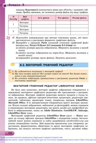 2182182182182182182182182182182182182182182182182182182182182182182182182182182182182182182182182182182182182182182182188
Роздiл 8
êîìàíäó Âëàñòèâîñòі êîíòåêñòíîãî ìåíþ öèõ îá’єêòіâ, і çàïîâíіòü òàá-
ëèöþ. Çðîáіòü âèñíîâîê, ÿê çàëåæèòü ðîçìіð ôàéëà âіä âèäó ãðàôіêè.
№
äîñëіäó
Âèä
ãðàôіêè
Іì’ÿ ôàéëà Òèï ôàéëà Ðîçìіð ôàéëà
1
Âåêòîðíà
Ðàñòðîâà
2
Âåêòîðíà
Ðàñòðîâà
4. Ïіäãîòóéòå ïîâіäîìëåííÿ ïðî ìåòîäè ñòèñíåííÿ äàíèõ, ÿêі âèêî-
ðèñòîâóþòüñÿ â ðàñòðîâèõ ôîðìàòàõ ãðàôі÷íèõ ôàéëіâ.
5. Âіäêðèéòå ó ïðîãðàìі Paint óêàçàíèé ó÷èòåëåì ãðàôі÷íèé ôàéë
(íàïðèêëàä, Ðîçäіë 8Ïóíêò 8.1çàâäàííÿ 8.1.5.bmp) òà:
a) çìіíіòü ðîçìіðè àðêóøà çîáðàæåííÿ. Çáåðåæіòü ìàëþíîê ó âàøіé
ïàïöі;
b) çìіíіòü ïàëіòðó çîáðàæåííÿ íà ÷îðíî-áіëó. Çáåðåæіòü ìàëþíîê ó
âàøіé ïàïöі;
c) ïîðіâíÿéòå ðîçìіðè òðüîõ ôàéëіâ. Ïîÿñíіòü ðåçóëüòàò.
8.2. ВЕКТОРНИЙ ГРАФІЧНИЙ РЕДАКТОР8.2. ВЕКТОРНИЙ ГРАФІЧНИЙ РЕДАКТОР
1.1. ßê çäіéñíþєòüñÿ êîäóâàííÿ ó âåêòîðíіé ãðàôіöі?ßê çäіéñíþєòüñÿ êîäóâàííÿ ó âåêòîðíіé ãðàôіöі?
2. Ùî òàêå êîëіðíà ìîäåëü? ßêі êîëіðíі ìîäåëі âè çíàєòå? ßêі áàçîâі êîìïî-
íåíòè â íèõ âèêîðèñòîâóþòüñÿ?íåíòè â íèõ âèêîðèñòîâóþòüñÿ?
3. ßê óñòàâèòè çîáðàæåííÿ ïðÿìîêóòíèêà â ðàñòðîâîìó ðåäàêòîðі Paint; ó
òåêñòîâîìó ïðîöåñîðі?
ВЕКТОРНИЙ ГРАФІЧНИЙ РЕДАКТОР LIBREOFFICE DRAW
ßê áóëî âæå çàçíà÷åíî, âåêòîðíі ãðàôі÷íі çîáðàæåííÿ ñòâîðþþòüñÿ â
ñåðåäîâèùі âåêòîðíîãî ãðàôі÷íîãî ðåäàêòîðà àáî òðàñóâàííÿì ç ðàñòðîâî-
ãî çîáðàæåííÿ. Âåêòîðíі ãðàôі÷íі ðåäàêòîðè ìîæóòü âõîäèòè ó ñêëàä іí-
øèõ, ÿê ïðàâèëî, îôіñíèõ ïðîãðàì (òåêñòîâèõ ïðîöåñîðіâ, ðåäàêòîðіâ ïðå-
çåíòàöіé, òàáëè÷íèõ ïðîöåñîðіâ òîùî), íàïðèêëàä ïðîãðàì LibreOffice,
Microsoft Office. Ç їõ âèêîðèñòàííÿì ñòâîðþþòüñÿ ïðîñòі âåêòîðíі ìàëþí-
êè. Áіëüø ñêëàäíі çîáðàæåííÿ, íàáëèæåíі äî ôîòîãðàôіé, ìîæíà îòðèìàòè
â ñåðåäîâèùàõ âåêòîðíèõ ðåäàêòîðіâ, ùî ìàþòü çàñîáè äëÿ ïðîôåñіéíîї ðî-
áîòè іç çîáðàæåííÿìè, òàêèõ ÿê Adobe Illustrator, CorelDRAW, Inkscape,
LibreOffice Draw òîùî.
Âåêòîðíèé ãðàôі÷íèé ðåäàêòîð LibreOffice Draw (äàëі — Draw) âõî-
äèòü äî ñêëàäó îôіñíèõ ïðîãðàì LibreOffice ç âіäêðèòèì êîäîì. Іíñòàëÿ-
öіéíèé ïàêåò ìîæíà îòðèìàòè іç ñàéòó ðîçðîáíèêіâ uk.libreoffice.org äëÿ
ðіçíèõ îïåðàöіéíèõ ñèñòåì. Öåé ðåäàêòîð ïðèçíà÷åíî äëÿ ñòâîðåííÿ, ðå-
äàãóâàííÿ, ôîðìàòóâàííÿ, çáåðіãàííÿ òà äðóêó âåêòîðíèõ ãðàôі÷íèõ çî-
áðàæåíü, ùî ìîæóòü ìіñòèòè ãðàôі÷íі ïðèìіòèâè, òåêñò, ðàñòðîâі çîáðà-
Право для безоплатного розміщення підручника в мережі Інтернет має
Міністерство освіти і науки України http://mon.gov.ua/ та Інститут модернізації змісту освіти https://imzo.gov.ua
 