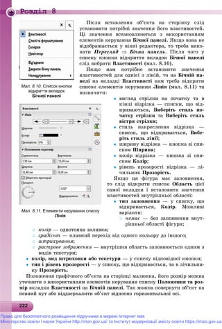222222222222222222222222222222222222222222222222222222222222222222222222222222222222222222222222222222222222222222222222
Роздiл 8
Ïіñëÿ âñòàâëåííÿ îá’єêòà íà ñòîðіíêó ñëіä
óñòàíîâèòè ïîòðіáíі çíà÷åííÿ éîãî âëàñòèâîñòåé.
Öі çíà÷åííÿ âñòàíîâëþþòüñÿ ç âèêîðèñòàííÿì
åëåìåíòіâ êåðóâàííÿ Áі÷íîї ïàíåëі. ßêùî âîíà íå
âіäîáðàæàєòüñÿ ó âіêíі ðåäàêòîðà, òî òðåáà âèêî-
íàòè Ïåðåãëÿä  Áі÷íà ïàíåëü. Ïіñëÿ ÷îãî ó
ñïèñêó êíîïêè âіäêðèòòÿ âêëàäîê Áі÷íîї ïàíåëі
ñëіä âèáðàòè Âëàñòèâîñòі (ìàë. 8.10).
ßêùî íàì ïîòðіáíî âñòàíîâèòè çíà÷åííÿ
âëàñòèâîñòåé äëÿ îäíієї ç ëіíіé, òî íà Áі÷íіé ïà-
íåëі íà âêëàäöі Âëàñòèâîñòі íàì òðåáà âіäêðèòè
ñïèñîê åëåìåíòіâ êåðóâàííÿ Ëіíіÿ (ìàë. 8.11) òà
âèçíà÷èòè:
 âèãëÿä ñòðіëêè íà ïî÷àòêó òà â
êіíöі âіäðіçêà — ñïèñêè, ùî âіä-
êðèâàþòüñÿ, Âèáåðіòü ñòèëü ïî-
÷àòêó ñòðіëêè òà Âèáåðіòü ñòèëü
âіñòðÿ ñòðіëêè;
 ñòèëü íàêðåñëåííÿ âіäðіçêà —
ñïèñîê, ùî âіäêðèâàєòüñÿ, Âèáå-
ðіòü ñòèëü ëіíії;
 øèðèíó âіäðіçêà — êíîïêà çі ñïè-
ñêîì Øèðèíà;
 êîëіð âіäðіçêà — êíîïêà çі ñïè-
ñêîì Êîëіð;
 ðіâåíü ïðîçîðîñòі âіäðіçêà — ëі-
÷èëüíèê Ïðîçîðіñòü.
ßêùî öÿ ôіãóðà ìàє çàïîâíåííÿ,
òî ñëіä âіäêðèòè ñïèñîê Îáëàñòü öієї
ñàìîї âêëàäêè і âñòàíîâèòè çíà÷åííÿ
âëàñòèâîñòåé âíóòðіøíüîї îáëàñòі:
 òèï çàïîâíåííÿ — ó ñïèñêó, ùî
âіäêðèâàєòüñÿ, Êîëіð. Ìîæëèâі
âàðіàíòè:
 íåìàє — áåç çàïîâíåííÿ âíóò-
ðіøíüîї îáëàñòі ôіãóðè;
 êîëіð — îäíîòîííà çàëèâêà;
 ãðàäієíò — ïëàâíèé ïåðåõіä âіä îäíîãî êîëüîðó äî іíøîãî;
 øòðèõóâàííÿ;
 ðàñòðîâå çîáðàæåííÿ — âíóòðіøíÿ îáëàñòü çàïîâíþєòüñÿ îäíèì ç
âèäіâ òåêñòóðè;
 êîëіð, âèä øòðèõîâêè àáî òåêñòóðè — ó ñïèñêó âіäïîâіäíîї êíîïêè;
 òèï і ðіâåíü ïðîçîðîñòі — ó ñïèñêó, ùî âіäêðèâàєòüñÿ, òà â ëі÷èëüíè-
êó Ïðîçîðіñòü.
Ïîëîæåííÿ ãðàôі÷íîãî îá’єêòà íà ñòîðіíöі ìàëþíêà, éîãî ðîçìіð ìîæíà
óòî÷íèòè ç âèêîðèñòàííÿì åëåìåíòіâ êåðóâàííÿ ñïèñêó Ïîëîæåííÿ òà ðîç-
ìіð âêëàäêè Âëàñòèâîñòі íà Áі÷íіé ïàíåëі. Òàê ìîæíà ïîâåðíóòè îá’єêò íà
ïåâíèé êóò àáî âіääçåðêàëèòè îá’єêò âіäíîñíî ãîðèçîíòàëüíîї îñі.
Мал. 8.10. Список кнопки
відкриття вкладок
Бічної панелі
Мал. 8.11. Елементи керування списку
Лінія
Право для безоплатного розміщення підручника в мережі Інтернет має
Міністерство освіти і науки України http://mon.gov.ua/ та Інститут модернізації змісту освіти https://imzo.gov.ua
 