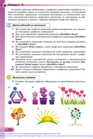 2262262262262262262262262262262262262262262262262262262262262262262262262262262262262262262262262262262262262262262262266
Роздiл 8
Àëãîðèòì ïîáóäîâè çîáðàæåííÿ ç ãðàôі÷íèõ ïðèìіòèâіâ ïåðåäáà÷àє ïî-
ïåðåäíþ ðîçðîáêó ìîäåëі òà òåõíîëîãії ñòâîðåííÿ ìàëþíêà, óñòàíîâëåííÿ
éîãî çàãàëüíèõ ïàðàìåòðіâ, ïîñëіäîâíå ìàëþâàííÿ òà âñòàíîâëåííÿ çíà-
÷åíü âëàñòèâîñòåé êîæíîãî ãðàôі÷íîãî ïðèìіòèâà, їõ ãðóïóâàííÿ òà çáå-
ðåæåííÿ ìàëþíêà â îäíîìó ç îáðàíèõ ôîðìàòіâ ãðàôі÷íèõ ôàéëіâ.
Дайте відповіді на запитання
1. ßêі âіäîìі âàì ãðàôі÷íі ðåäàêòîðè ìîæíà âèêîðèñòàòè äëÿ ñòâîðåí-
íÿ âåêòîðíèõ ãðàôі÷íèõ çîáðàæåíü?
2. Äëÿ ÷îãî ïðèçíà÷åíî ãðàôі÷íèé ðåäàêòîð LibreOffice Draw?
3. ßêі îá’єêòè ìіñòèòü ïî÷àòêîâå âіêíî ãðàôі÷íîãî ðåäàêòîðà LibreOffice
Draw?
4. ßê óñòàíîâèòè ïàðàìåòðè ñòîðіíêè, íà ÿêіé áóäå ñòâîðåíî ìàëþíîê
ó LibreOffice Draw?
5. ßê âіäêðèòè Áі÷íó ïàíåëü ó âіêíі ãðàôі÷íîãî ðåäàêòîðà LibreOffice
Draw?
6. ßê óñòàíîâèòè çíà÷åííÿ âëàñòèâîñòåé ëіíіé ãðàôі÷íèõ ïðèìіòèâіâ?
7. ßê óñòàíîâèòè çíà÷åííÿ âëàñòèâîñòåé âíóòðіøíüîї îáëàñòі ãðàôі÷-
íèõ ïðèìіòèâіâ?
8. Çíà÷åííÿ ÿêèõ âëàñòèâîñòåé ìîæíà âñòàíîâèòè ç âèêîðèñòàííÿì
åëåìåíòіâ êåðóâàííÿ ñïèñêó Ïîëîæåííÿ òà ðîçìіð âêëàäêè Âëà-
ñòèâîñòі Áі÷íîї ïàíåëі âіêíà LibreOffice Draw?
9. ßê çãðóïóâàòè ãðàôі÷íі ïðèìіòèâè ó âåêòîðíîìó ðåäàêòîðі?
10. ßêèé àëãîðèòì ïîáóäîâè çîáðàæåííÿ ç ãðàôі÷íèõ ïðèìіòèâіâ? Íà-
çâіòü êðîêè öüîãî àëãîðèòìó.
Виконайте завдання
1. Ñòâîðіòü âåêòîðíå ãðàôі÷íå çîáðàæåííÿ çà îðієíòîâíèìè ïðèêëàäà-
ìè:
б) в)
г) д) е)
Право для безоплатного розміщення підручника в мережі Інтернет має
Міністерство освіти і науки України http://mon.gov.ua/ та Інститут модернізації змісту освіти https://imzo.gov.ua
 