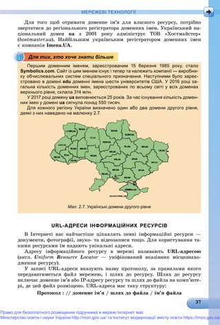 МЕРЕЖЕВІ ТЕХНОЛОГІЇ
Äëÿ òîãî ùîá îòðèìàòè äîìåííå іì’ÿ äëÿ âëàñíîãî ðåñóðñó, ïîòðіáíî
çâåðòàòèñÿ äî ðåãіîíàëüíîãî ðåãіñòðàòîðà äîìåííèõ іìåí. Óêðàїíñüêèé íà-
öіîíàëüíèé äîìåí ua ç 2001 ðîêó àäìіíіñòðóє ÒÎÂ «Õîñòìàéñòåð»
(hostmaster.ua). Íàéáіëüøèì óêðàїíñüêèì ðåãіñòðàòîðîì äîìåííèõ іìåí
є êîìïàíіÿ Imena.UA.
Першим доменним іменем, зареєстрованим 15 березня 1985 року, стало
Symbolics.com. Сайт із цим іменем існує і тепер та належить компанії — виробни-
ку обчислювальних систем спеціального призначення. Наступними було зареє-
стровано в домені edu доменні імена шести університетів США. У 2016 році за-
гальна кількість доменних імен, зареєстрованих по всьому світі у всіх доменах
верхнього рівня, склала 314 млн.р р ,
У 2017 році домену ua виповнюється 25 років. За час існування кількість домен-
них імен у доменіу д ua сягнула понад 550 тисяч.у д
Д і У ї б іДля кожного регіону України визначено один або два домени другого рівня,
деякі з них наведено на малюнку 2.7.
Мал. 2.7. Українські домени другого рівня
URL-АДРЕСИ ІНФОРМАЦІЙНИХ РЕСУРСІВ
Â Іíòåðíåòі íàñ íàé÷àñòіøå öіêàâëÿòü ïåâíі іíôîðìàöіéíі ðåñóðñè —
äîêóìåíòè, ôîòîãðàôії, çâóêî- òà âіäåîçàïèñè òîùî. Äëÿ êîðèñòóâàííÿ òà-
êèìè ðåñóðñàìè їì íàäàþòü óíіêàëüíі àäðåñè.
Àäðåñó іíôîðìàöіéíîãî ðåñóðñó â ìåðåæі íàçèâàþòü URL-àäðåñîþ
(àíãë. UniformUU Resource Locator — óíіôіêîâàíèé âêàçіâíèê ìіñöåçíàõî-
äæåííÿ ðåñóðñó).
Ó çàïèñі URL-àäðåñè âêàçóþòü íàçâó ïðîòîêîëó, çà ïðàâèëàìè ÿêîãî
ïåðåäàâàòèìåòüñÿ ôàéë ìåðåæåþ, і øëÿõ äî ðåñóðñó. Øëÿõ äî ðåñóðñó
âêëþ÷àє äîìåííå іì’ÿ àáî ІÐ-àäðåñó ðåñóðñó òà øëÿõ äî ôàéëà íà êîìï’þòå-
ðі, äå öåé ôàéë ðîçìіùåíî. URL-àäðåñà ìàє òàêó ñòðóêòóðó:
Ïðîòîêîë : // äîìåííå іì’ÿ / øëÿõ äî ôàéëà / іì’ÿ ôàéëà
Для тих, хто хоче знати більше
Право для безоплатного розміщення підручника в мережі Інтернет має
Міністерство освіти і науки України http://mon.gov.ua/ та Інститут модернізації змісту освіти https://imzo.gov.ua
 