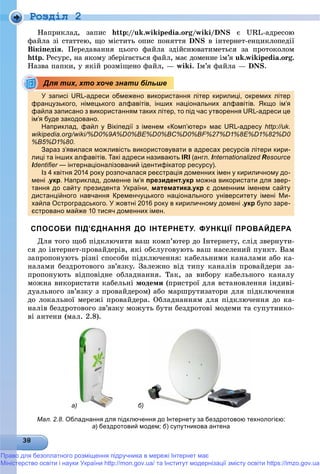 Роздiл 2
Íàïðèêëàä, çàïèñ http://uk.wikipedia.org/wiki/DNS є URL-àäðåñîþ
ôàéëà çі ñòàòòåþ, ùî ìіñòèòü îïèñ ïîíÿòòÿ DNS â іíòåðíåò-åíöèêëîïåäії
Âіêіïåäіÿ. Ïåðåäàâàííÿ öüîãî ôàéëà çäіéñíþâàòèìåòüñÿ çà ïðîòîêîëîì
http. Ðåñóðñ, íà ÿêîìó çáåðіãàєòüñÿ ôàéë, ìàє äîìåííå іì’ÿ uk.wikipedia.org.
Íàçâà ïàïêè, ó ÿêіé ðîçìіùåíî ôàéë, — wiki. Іì’ÿ ôàéëà — DNS.
У записі URL-адреси обмежено використання літер кирилиці, окремих літер
французького, німецького алфавітів, інших національних алфавітів. Якщо ім’я
файла записано з використанням таких літер, то під час утворення URL-адреси це
ім’я буде закодовано.уд д
Наприклад, файл у Вікіпедії з іменем «Комп’ютер» має URL-адресу http://uk.
wikipedia.org/wiki/%D0%9A%D0%BE%D0%BC%D0%BF%27%D1%8E%D1%82%D0
%B5%D1%80.
Зараз з’явилася можливість використовувати в адресах ресурсів літери кири-
лиці та інших алфавітів. Такі адреси називають IRI (англ. Internationalized Resource
Identiﬁer — інтернаціоналізований ідентифікатор ресурсу).р ц д ф р р ур у)
Із 4 квітня 2014 року розпочалася реєстрація доменних імен у кириличному до-
мені .укр. Наприклад, доменне ім’я президент.укр можна використати для звер-
тання до сайту президента України, математика.укр є доменним іменем сайту
дистанційного навчання Кременчуцького національного університету імені Ми-
хайла Остроградського. У жовтні 2016 року в кириличному домені .укр було заре-
єстровано майже 10 тисяч доменних імен.
СПОСОБИ ПІД’ЄДНАННЯ ДО ІНТЕРНЕТУ. ФУНКЦІЇ ПРОВАЙДЕРА
Äëÿ òîãî ùîá ïіäêëþ÷èòè âàø êîìï’þòåð äî Іíòåðíåòó, ñëіä çâåðíóòè-
ñÿ äî іíòåðíåò-ïðîâàéäåðіâ, ÿêі îáñëóãîâóþòü âàø íàñåëåíèé ïóíêò. Âàì
çàïðîïîíóþòü ðіçíі ñïîñîáè ïіäêëþ÷åííÿ: êàáåëüíèìè êàíàëàìè àáî êà-
íàëàìè áåçäðîòîâîãî çâ’ÿçêó. Çàëåæíî âіä òèïó êàíàëіâ ïðîâàéäåðè çà-
ïðîïîíóþòü âіäïîâіäíå îáëàäíàííÿ. Òàê, çà âèáîðó êàáåëüíîãî êàíàëó
ìîæíà âèêîðèñòàòè êàáåëüíі ìîäåìè (ïðèñòðîї äëÿ âñòàíîâëåííÿ іíäèâі-
äóàëüíîãî çâ’ÿçêó ç ïðîâàéäåðîì) àáî ìàðøðóòèçàòîðè äëÿ ïіäêëþ÷åííÿ
äî ëîêàëüíîї ìåðåæі ïðîâàéäåðà. Îáëàäíàííÿì äëÿ ïіäêëþ÷åííÿ äî êà-
íàëіâ áåçäðîòîâîãî çâ’ÿçêó ìîæóòü áóòè áåçäðîòîâі ìîäåìè òà ñóïóòíèêî-
âі àíòåíè (ìàë. 2.8).
Для тих, хто хоче знати більше
а) б)
Мал. 2.8. Обладнання для підключення до Інтернету за бездротовою технологією:
а) бездротовий модем; б) супутникова антена
Право для безоплатного розміщення підручника в мережі Інтернет має
Міністерство освіти і науки України http://mon.gov.ua/ та Інститут модернізації змісту освіти https://imzo.gov.ua
 