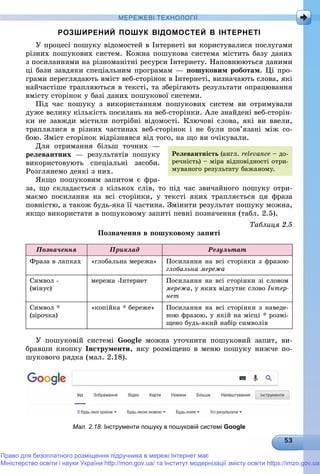 МЕРЕЖЕВІ ТЕХНОЛОГІЇ
РОЗШИРЕНИЙ ПОШУК ВІДОМОСТЕЙ В ІНТЕРНЕТІ
Ó ïðîöåñі ïîøóêó âіäîìîñòåé â Іíòåðíåòі âè êîðèñòóâàëèñÿ ïîñëóãàìè
ðіçíèõ ïîøóêîâèõ ñèñòåì. Êîæíà ïîøóêîâà ñèñòåìà ìіñòèòü áàçó äàíèõ
ç ïîñèëàííÿìè íà ðіçíîìàíіòíі ðåñóðñè Іíòåðíåòó. Íàïîâíþþòüñÿ äàíèìè
öі áàçè çàâäÿêè ñïåöіàëüíèì ïðîãðàìàì — ïîøóêîâèì ðîáîòàì. Öі ïðî-
ãðàìè ïåðåãëÿäàþòü âìіñò âåá-ñòîðіíîê â Іíòåðíåòі, âèçíà÷àþòü ñëîâà, ÿêі
íàé÷àñòіøå òðàïëÿþòüñÿ â òåêñòі, òà çáåðіãàþòü ðåçóëüòàòè îïðàöþâàííÿ
âìіñòó ñòîðіíîê ó áàçі äàíèõ ïîøóêîâîї ñèñòåìè.
Ïіä ÷àñ ïîøóêó ç âèêîðèñòàííÿì ïîøóêîâèõ ñèñòåì âè îòðèìóâàëè
äóæå âåëèêó êіëüêіñòü ïîñèëàíü íà âåá-ñòîðіíêè. Àëå çíàéäåíі âåá-ñòîðіí-
êè íå çàâæäè ìіñòèëè ïîòðіáíі âіäîìîñòі. Êëþ÷îâі ñëîâà, ÿêі âè ââåëè,
òðàïëÿëèñÿ â ðіçíèõ ÷àñòèíàõ âåá-ñòîðіíîê і íå áóëè ïîâ’ÿçàíі ìіæ ñî-
áîþ. Çìіñò ñòîðіíîê âіäðіçíÿâñÿ âіä òîãî, íà ùî âè î÷іêóâàëè.
Äëÿ îòðèìàííÿ áіëüø òî÷íèõ —
ðåëåâàíòíèõ — ðåçóëüòàòіâ ïîøóêó
âèêîðèñòîâóþòü ñïåöіàëüíі çàñîáè.
Ðîçãëÿíåìî äåÿêі ç íèõ.
ßêùî ïîøóêîâèì çàïèòîì є ôðà-
çà, ùî ñêëàäàєòüñÿ ç êіëüêîõ ñëіâ, òî ïіä ÷àñ çâè÷àéíîãî ïîøóêó îòðè-
ìàєìî ïîñèëàííÿ íà âñі ñòîðіíêè, ó òåêñòі ÿêèõ òðàïëÿєòüñÿ öÿ ôðàçà
ïîâíіñòþ, à òàêîæ áóäü-ÿêà її ÷àñòèíà. Çìіíèòè ðåçóëüòàò ïîøóêó ìîæíà,
ÿêùî âèêîðèñòàòè â ïîøóêîâîìó çàïèòі ïåâíі ïîçíà÷åííÿ (òàáë. 2.5).
Òàáëèöÿ 2.5
Ïîçíà÷åííÿ â ïîøóêîâîìó çàïèòі
Ïîçíà÷åííÿ Ïðèêëàä Ðåçóëüòàò
Ôðàçà â ëàïêàõ «ãëîáàëüíà ìåðåæà» Ïîñèëàííÿ íà âñі ñòîðіíêè ç ôðàçîþ
ãëîáàëüíà ìåðåæà
Ñèìâîë -
(ìіíóñ)
ìåðåæà -Іíòåðíåò Ïîñèëàííÿ íà âñі ñòîðіíêè çі ñëîâîì
ìåðåæà, ó ÿêèõ âіäñóòíє ñëîâî Іíòåð-
íåò
Ñèìâîë *
(çіðî÷êà)
«êîïіéêà * áåðåæå» Ïîñèëàííÿ íà âñі ñòîðіíêè ç íàâåäå-
íîþ ôðàçîþ, ó ÿêіé íà ìіñöі * ðîçìі-
ùåíî áóäü-ÿêèé íàáіð ñèìâîëіâ
Ó ïîøóêîâіé ñèñòåìі Google ìîæíà óòî÷íèòè ïîøóêîâèé çàïèò, âè-
áðàâøè êíîïêó Іíñòðóìåíòè, ÿêó ðîçìіùåíî â ìåíþ ïîøóêó íèæ÷å ïî-
øóêîâîãî ðÿäêà (ìàë. 2.18).
Мал. 2.18. Інструменти пошуку в пошуковій системі Google
Ðåëåâàíòíіñòü (àíãë. relevance – äî-
ðå÷íіñòü) – ìіðà âіäïîâіäíîñòі îòðè-
ìóâàíîãî ðåçóëüòàòó áàæàíîìó.
Право для безоплатного розміщення підручника в мережі Інтернет має
Міністерство освіти і науки України http://mon.gov.ua/ та Інститут модернізації змісту освіти https://imzo.gov.ua
 