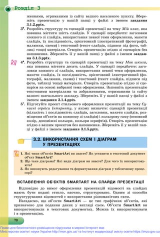 Роздiл 3
707070707070707070707070707070707070707070707070707070707070700
æåííÿìè, îòðèìàíèìè іç ñàéòó âàøîãî íàñåëåíîãî ïóíêòó. Çáåðå-
æіòü ïðåçåíòàöіþ ó âàøіé ïàïöі ó ôàéëі ç іìåíåì çàâäàííÿ
3.1.2.pptx.
3. Ðîçðîáіòü ñòðóêòóðó òà ñöåíàðіé ïðåçåíòàöії íà òåìó Ìіé êëàñ, ÿêà
ïîâèííà ìіñòèòè øіñòü ñëàéäіâ. Ó ñöåíàðії ïåðåäáà÷òå: çàãîëîâêè
êîæíîãî çі ñëàéäіâ, âèêîðèñòàííÿ ïåâíîї òåìè îôîðìëåííÿ, ìàêåòè
ñëàéäіâ, їõ ïîñëіäîâíіñòü, îðієíòîâíèé іëþñòðàòèâíèé (ôîòîãðàôії,
ìàëþíêè, ñõåìè) і òåêñòîâèé (òåêñò ñëàéäіâ, ïіäïèñè ïіä ôîòî, òàá-
ëèöі òîùî) ìàòåðіàëè. Ñòâîðіòü ïðåçåíòàöіþ çãіäíî çі ñöåíàðієì áåç
íàïîâíåííÿ. Çáåðåæіòü її ó âàøіé ïàïöі ó ôàéëі ç іìåíåì çàâäàí-
íÿ 3.1.3.pptx.
4. Ðîçðîáіòü ñòðóêòóðó òà ñöåíàðіé ïðåçåíòàöії íà òåìó Ìîÿ øêîëà,
ÿêà ïîâèííà ìіñòèòè äåñÿòü ñëàéäіâ. Ó ñöåíàðії ïåðåäáà÷òå: çàãî-
ëîâêè êîæíîãî çі ñëàéäіâ, âèêîðèñòàííÿ ïåâíîї òåìè îôîðìëåííÿ,
ìàêåòè ñëàéäіâ, їõ ïîñëіäîâíіñòü, îðієíòîâíèé іëþñòðàòèâíèé (ôî-
òîãðàôії, ìàëþíêè, ñõåìè) і òåêñòîâèé (òåêñò ñëàéäіâ, ïіäïèñè ïіä
ôîòî, òàáëèöі òîùî) ìàòåðіàëè. Ñòâîðіòü ïðåçåíòàöіþ çãіäíî çі ñöå-
íàðієì íà îñíîâі âèáðàíîї òåìè îôîðìëåííÿ. Çàïîâíіòü ïðåçåíòàöіþ
òåêñòîâèìè ìàòåðіàëàìè òà çîáðàæåííÿìè, îòðèìàíèìè іç ñàéòó
âàøîãî íàâ÷àëüíîãî çàêëàäó. Çáåðåæіòü її ó âàøіé ïàïöі ó ôàéëі ç
іìåíåì çàâäàííÿ 3.1.4.pptx.
5. Ïіäãîòóéòå ïðîåêò ñòèëüîâîãî îôîðìëåííÿ ïðåçåíòàöії íà òåìó Ñó-
÷àñíі ñåðâіñè Іíòåðíåòó, ó ÿêîìó âèçíà÷òå: ñöåíàðіé ïðåçåíòàöії
(êіëüêіñòü і ïîñëіäîâíіñòü ñëàéäіâ, çàãîëîâêè, ìàêåòè ñëàéäіâ, ðîç-
ìіùåííÿ îá’єêòіâ íà êîæíîìó çі ñëàéäіâ) і êîëüîðîâó ãàìó (îñíîâíèé
êîëіð, äîïîìіæíі êîëüîðè, êîëüîðè øðèôòіâ). Ñòâîðіòü ïðåçåíòàöіþ
çãіäíî ç âàøèì ïðîåêòîì áåç íàïîâíåííÿ. Çáåðåæіòü її ó âàøіé ïàï-
öі ó ôàéëі ç іìåíåì çàâäàííÿ 3.1.5.pptx.
3.2. ВИКОРИСТАННЯ СХЕМ І ДІАГРАМ3.2. ВИКОРИСТАННЯ СХЕМ І ДІАГРАМ
У ПРЕЗЕНТАЦІЯХУ ПРЕЗЕНТАЦІЯХ
1. ßêі òèïè îá’єêòіâ SmartArt âè çíàєòå? ßê óñòàâèòè â òåêñòîâèé äîêóìåíò
îá’єêòîá єêò SmartArtSmartArt??
2. Ùî òàêå äіàãðàìà? ßêі âèäè äіàãðàì âè çíàєòå? Äëÿ ÷îãî їõ âèêîðèñòîâó-
þòü?þòü?
3. ßê âèêîíóþòü ðåäàãóâàííÿ òà ôîðìàòóâàííÿ äіàãðàì ó òàáëè÷íîìó ïðîöå-
ñîðі?
ВСТАВЛЕННЯ ОБ’ЄКТІВ SMARTART НА СЛАЙДИ ПРЕЗЕНТАЦІЇ
Âіäïîâіäíî äî âèìîã îôîðìëåííÿ ïðåçåíòàöіé âіäîìîñòі íà ñëàéäàõ
ìàþòü áóòè ïîäàíі ñòèñëî, íàî÷íî, ñòðóêòóðîâàíî. Îäíèì çі ñïîñîáіâ
ñòðóêòóðóâàííÿ âіäîìîñòåé є âèêîðèñòàííÿ ðіçíîìàíіòíèõ ñõåì.
Íàãàäàєìî, ùî îá’єêòè SmartArt — öå òèï ãðàôі÷íèõ îá’єêòіâ, ÿêі
ïðèçíà÷åíî äëÿ ïîäàííÿ äàíèõ ó âèãëÿäі ñõåì. Îá’єêòè SmartArt âè
âèêîðèñòîâóâàëè â òåêñòîâèõ äîêóìåíòàõ. Ìîæíà їõ âèêîðèñòîâóâàòè
і â ïðåçåíòàöіÿõ.
Право для безоплатного розміщення підручника в мережі Інтернет має
Міністерство освіти і науки України http://mon.gov.ua/ та Інститут модернізації змісту освіти https://imzo.gov.ua
 