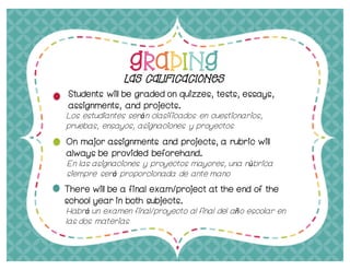 Grading
Students will be graded on quizzes, tests, essays,
assignments, and projects.
On major assignments and projects, a rubric will
always be provided beforehand.
There will be a final exam/project at the end of the
school year in both subjects.
Las Calificaciones
En las asignaciones y proyectos mayores, una rúbrica
siempre será proporcionada de ante mano
Los estudiantes serán clasificados en cuestionarios,
pruebas, ensayos, asignaciones y proyectos
Habrá un examen final/proyecto al final del año escolar en
las dos materias
 