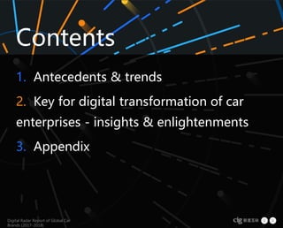 Digital Radar Report of Global Car
Brands (2017-2018)
3
Contents
1. Antecedents & trends
2. Key for digital transformation of car
enterprises - insights & enlightenments
3. Appendix
Digital Radar Report of Global Car
Brands (2017-2018)
 