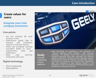 Digital Radar Report of Global Car
Brands (2017-2018)
31
Geely Automobile has developed a new generation of
“Internet marketing service platform” with innovative
technology. This platform covers three business segments
including automotive OEM sales, after-sales and customer
relation management. It enables real-time interaction between
enterprises and market & customers to timely offer products
and services to consumers and transmits their requirements,
ideas and preference to each business division in the
enterprises in order to accurately and effectively guide product
development, manufacture and sale.
Geely
Internet
marketing
service
platform
Core points:
• Put full customer life cycle
business on line
• Interconnect global data in
business and production
systems in real-time manner
• Guide and accelerate business
innovation based on users’
requirements, ideas and
preferences
• Keep close real-time
interactions with users
Digital technology:
• Cloud computing
• Data platform
Integrate users into
company businesses
Create values for
users:
China
Case introduction
 