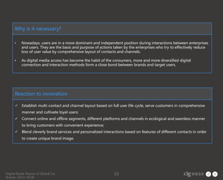 Digital Radar Report of Global Car
Brands (2017-2018)
33
Why is it necessary?
• Nowadays, users are in a more dominant and independent position during interactions between enterprises
and users. They are the basis and purpose of actions taken by the enterprises who try to effectively reduce
loss of user value by comprehensive layout of contacts and channels.
• As digital media access has become the habit of the consumers, more and more diversified digital
connection and interaction methods form a close bond between brands and target users.
Reaction to innovation
 Establish multi-contact and channel layout based on full user life cycle, serve customers in comprehensive
manner and cultivate loyal users;
 Connect online and offline segments, different platforms and channels in ecological and seamless manner
to bring customers with convenient experience;
 Blend cleverly brand services and personalized interactions based on features of different contacts in order
to create unique brand image.
 