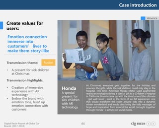 Digital Radar Report of Global Car
Brands (2017-2018)
44
At Christmas, everyone gets together for the holiday and
unwraps the gifts, while the sick children could only stay in the
hospital. This time, American Honda Motor used augmented
reality technology to bring a special gift to a Children's Hospital
in California. Honda came up with the idea to send the ultimate
‘get well soon’ card in the form of an AR experience, one
that would transform the room around kids into a dynamic
winter wonderland and would also bring the kids messages of
hope and inspiration from around the world, brought together
through Honda’s activity on social media.
America
Emotion connection
immerse into
customers’ lives to
make them story-like
Transmission theme:
• A present for sick children
at Christmas
Transmission highlights:
• Creation of immersive
experience with AR
technology
• Endow the brand with
emotion tone, build up
emotion connection with
customers
Honda
A special
present for
sick children
with AR
technology
Create values for
users:
Fusion
Case introduction
 