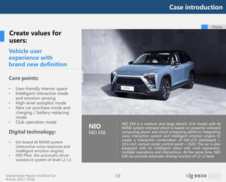 Digital Radar Report of Global Car
Brands (2017-2018)
59
NIO ES8 is a medium and large electric SUV model with AI
NOMI system onboard which is based on powerful onboard
computing power and cloud computing platform integrating
voice interaction system and intelligent emotion engine to
create a interactive combination of full-LCD dashboard +
10.4-inch vertical center control panel + HUD. The car is also
equipped with an intelligent robot with vivid expression,
multiple operations and interactions. At the same time, NIO
ES8 can provide automatic driving function of L2-L3 level.
China
NIO
NIO ES8
Core points:
• User-friendly interior space
• Intelligent interactive mode
and emotion sensing
• High-level autopilot mode
• New car purchase mode and
charging / battery replacing
mode
• Club operation mode
Digital technology:
• On-board AI NOMI system
(interactive voice response and
intelligent emotion engine)
• NIO Pilot, the automatic driver
assistance system of level L2-L3
Vehicle user
experience with
brand new definition
Create values for
users:
Case introduction
 
