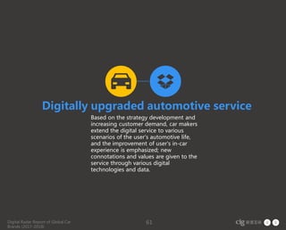 Digital Radar Report of Global Car
Brands (2017-2018)
61
Digitally upgraded automotive service
Based on the strategy development and
increasing customer demand, car makers
extend the digital service to various
scenarios of the user's automotive life,
and the improvement of user's in-car
experience is emphasized; new
connotations and values are given to the
service through various digital
technologies and data.
 