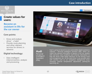 Digital Radar Report of Global Car
Brands (2017-2018)
65
Core points:
• Know and analyze
driver’s habit
• Provide route planning
and other relevant
services for drivers in
advance
Digital technology:
• Data intelligent
interconnection, analysis
and processing
Audi is going to launch its own automobile digital assistance
software – Personal Intelligent Assistant (PIA), which can
collect the relevant information of guests in the car, analyze
with real-time road conditions and internet information to
help the driver make better decisions on the driving route
and arrangement, etc. At the same time, it can provide users
with services such as car navigation, background music
choosing, internal temperature adjustment, parking-lot
searching, etc.
Audi
Personal
Intelligent
Assistant
(PIA)
When driving the
car
Create values for
users:
Become an
assistant in life for
the car owner
Germany
Case introduction
 