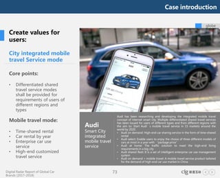 Digital Radar Report of Global Car
Brands (2017-2018)
73
globe
City integrated mobile
travel Service mode
Core points:
• Differentiated shared
travel service modes
shall be provided for
requirements of users of
different regions and
types
Mobile travel mode:
• Time-shared rental
• Car rental by year
• Enterprise car use
service
• High-end customized
travel service
Audi
Smart City
integrated
mobile travel
service
Audi has been researching and developing the integrated mobile travel
concept of internet smart city. Multiple differentiated shared travel services
has been issued for users of different types and from different regions with
the aim to: Start Audi’s mobile travel service in 15 markets around the
world by 2020.
• Audi on demand: High-end car sharing service in the form of time-shared
rental
• Audi select: Enable users to enjoy the choice of three different models of
cars at most in a year with “package price”
• Audi at home: The traffic solution to meet the high-end living
requirements in a big city
• Audi shared fleet: It is a set of intelligent enterprise car use management
system
• Audi on demand + mobile travel: A mobile travel service product tailored
for the demand of high-end car use market in China.
Create values for
users:
Case introduction
 