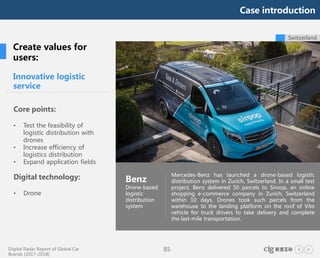 Digital Radar Report of Global Car
Brands (2017-2018)
85
Switzerland
Innovative logistic
service
Core points:
• Test the feasibility of
logistic distribution with
drones
• Increase efficiency of
logistics distribution
• Expand application fields
Digital technology:
• Drone
Benz
Drone-based
logistic
distribution
system
Mercedes-Benz has launched a drone-based logistic
distribution system in Zurich, Switzerland. In a small test
project, Benz delivered 50 parcels to Siroop, an online
shopping e-commerce company in Zurich, Switzerland
within 10 days. Drones took such parcels from the
warehouse to the landing platform on the roof of Vito
vehicle for truck drivers to take delivery and complete
the last-mile transportation.
Create values for
users:
Case introduction
 