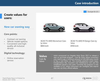 Digital Radar Report of Global Car
Brands (2017-2018)
87
Europe & U.S.
New car owning way
Core points:
• Contract car owning
• Vehicle model options
• Convenient and high-
quality all-inclusive
service
Digital technology:
• Online reservation
service
Volvo
Care By
Volvo
Volvo announced Los Angeles Auto Show 2017 to release a
new car purchase program - Care By Volvo where consumers
only need to pay a minimum amount of USD 600 every month
to buy a new Volvo car. This monthly payment covers taxes,
transportation fee, insurance and maintenance cost and the
installment period is two years. Currently this program is only
available in U.S. where consumers can configure and reserve
new cars via Volvo official website.
Create values for
users:
Case introduction
 