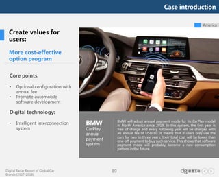Digital Radar Report of Global Car
Brands (2017-2018)
89
America
More cost-effective
option program
Core points:
• Optional configuration with
annual fee
• Promote automobile
software development
Digital technology:
• Intelligent interconnection
system
BMW
CarPlay
annual
payment
system
BMW will adopt annual payment mode for its CarPlay model
in North America since 2019. In this system, the first year is
free of charge and every following year will be charged with
an annual fee of USD 80. It means that if users only use the
cars for two to three years, their total cost will be lower than
one-off payment to buy such service. This shows that software
payment mode will probably become a new consumption
pattern in the future.
Create values for
users:
Case introduction
 