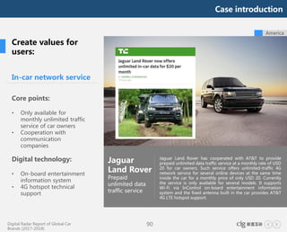 Digital Radar Report of Global Car
Brands (2017-2018)
90
In-car network service
Core points:
• Only available for
monthly unlimited traffic
service of car owners
• Cooperation with
communication
companies
Digital technology:
• On-board entertainment
information system
• 4G hotspot technical
support
Jaguar
Land Rover
Prepaid
unlimited data
traffic service
Jaguar Land Rover has cooperated with AT&T to provide
prepaid unlimited data traffic service at a monthly rate of USD
20 for car owners. Such service offers unlimited-traffic 4G
network service for several online devices at the same time
inside the car for a monthly price of only USD 20. Currently
the service is only available for several models. It supports
Wi-Fi via InControl on-board entertainment information
system and the fixed antenna built in the car provides AT&T
4G LTE hotspot support.
Create values for
users:
America
Case introduction
 