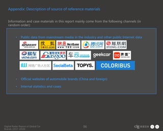 Digital Radar Report of Global Car
Brands (2017-2018)
96
• Public data from mainstream media in the industry and other public Internet data
• Official websites of automobile brands (China and foreign)
• Internal statistics and cases
Information and case materials in this report mainly come from the following channels (in
random order):
Appendix: Description of source of reference materials
 