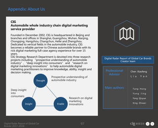 Digital Radar Report of Global Car
Brands (2017-2018)
97
Research on digital
marketing
innovations
Deep insight
into
consumers
Prospective understanding of
automobile industryThought
Insight Enable
CIG
Automobile whole industry chain digital marketing
service provider
Founded in December 2002, CIG is headquartered in Beijing and
branches and offices in Shanghai, Guangzhou, Wuhan, Nanjing,
Chongqing, Hangzhou, Changchun, Hefei and Zhengzhou.
Dedicated to vertical fields in the automobile industry, CIG
becomes a reliable partner to Chinese automobile brands with its
rick digital marketing full-case agency experience for over 15
years.
CIG Strategy Research Department is devoted into three research
projects including “prospective understanding of automobile
industry”, “deep insight into consumers” and “research on
digital marketing innovations” to help automobile digital
marketing practitioners to improve knowledge, ability, insight and
decision making.
Digital Radar Report of Global Car Brands
Creator team
Professional
Advisor
Main authors T ang Hong
Y a n g J i n g
Yang Qiuyue
Xing Zhiwei
Chen Xiaofeng
L i u Y a n
Appendix: About Us
 