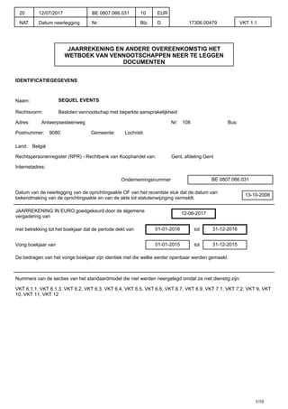 JAARREKENING EN ANDERE OVEREENKOMSTIG HET
WETBOEK VAN VENNOOTSCHAPPEN NEER TE LEGGEN
DOCUMENTEN
IDENTIFICATIEGEGEVENS
Naam: SEQUEL EVENTS
Rechtsvorm: Besloten vennootschap met beperkte aansprakelijkheid
Adres: Antwerpsesteenweg Nr: 108 Bus:
Postnummer: 9080 Gemeente: Lochristi
Land: België
Rechtspersonenregister (RPR) - Rechtbank van Koophandel van: Gent, afdeling Gent
Internetadres:
Ondernemingsnummer BE 0807.066.031
Datum van de neerlegging van de oprichtingsakte OF van het recentste stuk dat de datum van
bekendmaking van de oprichtingsakte en van de akte tot statutenwijziging vermeldt.
13-10-2008
JAARREKENING IN EURO goedgekeurd door de algemene
vergadering van
12-06-2017
met betrekking tot het boekjaar dat de periode dekt van 01-01-2016 tot 31-12-2016
Vorig boekjaar van 01-01-2015 tot 31-12-2015
De bedragen van het vorige boekjaar zijn identiek met die welke eerder openbaar werden gemaakt.
Nummers van de secties van het standaardmodel die niet werden neergelegd omdat ze niet dienstig zijn:
VKT 6.1.1, VKT 6.1.3, VKT 6.2, VKT 6.3, VKT 6.4, VKT 6.5, VKT 6.6, VKT 6.7, VKT 6.9, VKT 7.1, VKT 7.2, VKT 9, VKT
10, VKT 11, VKT 12
1/10
20
NAT.
12/07/2017
Datum neerlegging
BE 0807.066.031
Nr.
10
Blz.
EUR
D. 17306.00479 VKT 1.1
 