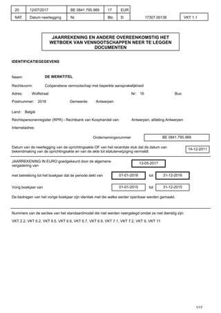 JAARREKENING EN ANDERE OVEREENKOMSTIG HET
WETBOEK VAN VENNOOTSCHAPPEN NEER TE LEGGEN
DOCUMENTEN
IDENTIFICATIEGEGEVENS
Naam: DE WERKTITEL
Rechtsvorm: Coöperatieve vennootschap met beperkte aansprakelijkheid
Adres: Wolfstraat Nr: 16 Bus:
Postnummer: 2018 Gemeente: Antwerpen
Land: België
Rechtspersonenregister (RPR) - Rechtbank van Koophandel van: Antwerpen, afdeling Antwerpen
Internetadres:
Ondernemingsnummer BE 0841.795.989
Datum van de neerlegging van de oprichtingsakte OF van het recentste stuk dat de datum van
bekendmaking van de oprichtingsakte en van de akte tot statutenwijziging vermeldt.
14-12-2011
JAARREKENING IN EURO goedgekeurd door de algemene
vergadering van
13-05-2017
met betrekking tot het boekjaar dat de periode dekt van 01-01-2016 tot 31-12-2016
Vorig boekjaar van 01-01-2015 tot 31-12-2015
De bedragen van het vorige boekjaar zijn identiek met die welke eerder openbaar werden gemaakt.
Nummers van de secties van het standaardmodel die niet werden neergelegd omdat ze niet dienstig zijn:
VKT 2.2, VKT 6.2, VKT 6.5, VKT 6.6, VKT 6.7, VKT 6.9, VKT 7.1, VKT 7.2, VKT 9, VKT 11
1/17
20
NAT.
12/07/2017
Datum neerlegging
BE 0841.795.989
Nr.
17
Blz.
EUR
D. 17307.00138 VKT 1.1
 