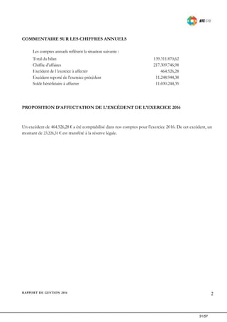 RAPPORT DE GESTION 2016 2
COMMENTAIRE SUR LES CHIFFRES ANNUELS
Les comptes annuels reflètent la situation suivante :
Total du bilan 139.311.870,62
Chiffre d’affaires 217.309.746,98
Excédent de l 'exercice à affecter 464.526,28
Excédent reporté de l’exercice précédent 11.248.944,38
Solde bénéficiaire à affecter 11.690.244,35
PROPOSITION D’AFFECTATION DE L’EXCÉDENT DE L’EXERCICE 2016
Un excédent de 464.526,28 € a été comptabilisé dans nos comptes pour l’exercice 2016. De cet excédent, un
montant de 23.226,31 € est transféré à la réserve légale.
31/57
 
