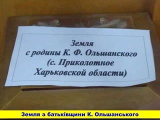 Макет будинку, в якому народився Ольшанський -
подарунок учнів Приколотнянської школи (1972 р)
Малюнок
К. Ольшанського «Поранений олень»
Земля з батьківщини К. Ольшанського
 