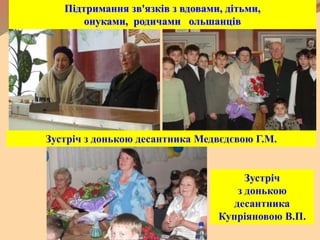 Зустріч
з донькою
десантника
Купріяновою В.П.
Зустріч з донькою десантника Медвєдєвою Г.М.
Підтримання зв'язків з вдовами, дітьми,
онуками, родичами ольшанців
 