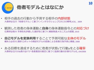他者モデルとはなにか
• 相⼿の過去の⾏動から予測する相⼿の内部状態
⼤森研＠⽟川「他者モデル」に基づくインタラクションプロセスの解明,JCSS，2004
• 観測した他者の⾝体運動と⾃⾝の⾝体運動指令との対応づけ
⽯⿊研＠阪⼤ 予測性を評価した選好性に基づく模倣発達メカニズムの提案,	2010
• ⾃⼰モデルを変換利⽤することで予測可能な主体のモデル
横⽮ら＠京⼤,理研 ロボットの順逆モデルの変換による他者⾏為予測と模倣,	2008
• ある⽬標を達成するために他者が状態sで⾏動aをとる確率
⼤森研＠⽟川⼤&森川＠パナ 他者意図の推定に基づく協調⾏動の計算モデル化,	JSAI2006
 