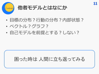 他者モデルとはなにか
• ⽬標の分布？⾏動の分布？内部状態？
• ベクトル？グラフ？
• ⾃⼰モデルを前提とする？しない？
困った時は 人間に立ち返ってみる
 