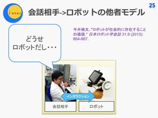 会話相⼿->ロボットの他者モデル
ロボット会話相手
インタラクション
どうせ
ロボットだし・・・
今井倫太. "ロボットが社会的に存在すること
の価値." 日本ロボット学会誌 31.9 (2013):
864-867.
 