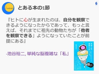 とある本の1節
『ヒトに⼼が⽣まれたのは、⾃分を観察で
きるようになったからであって、もっと⾔
えば、それまでに祖先の動物たちが「他者
を観察できる」ようになっていたことが前
提にある』
-池⾕裕⼆,	単純な脳複雑な「私」
 
