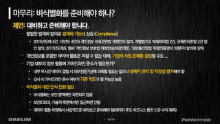 - 19/19 -
마무리:비식별화를준비해야하나?
제언: 대비하고 준비해야 합니다.
– 활발한법제화발의로법제화가능성상승(Compliance)
• 2015년도에 4건, 16년도 4건의 개인정보 보호관련법 개정안이 발의, 개별법으로 빅데이터법 2건, 규제프리존법 2건 법
안발의,2017년도에도 벌써‘개인정보보호법개정안(송희경의원)’, ‘정보통신망법 개정안(윤영석 의원)’이발의된상태
– 개인정보를포함한데이터활용은피할수없는대세,기업의사업존폐를결정할수도...
– 기업내부의정보활용에가이드라인준수가필요한가?
• 내부부서간데이터결합시외부전문기관에 의뢰할필요는없으나대체키관리및적정성평가해야함
• 감사시가이드라인준수여부가기준척도가될가능성높음
– 비식별화대한인식전환필요
• 비식별화는보안영역에만국한되지않음
• 보안(CISO), 기술적측면에서만접근하면안됨
• 데이터활용차원에서 사업적으로바라보고준비해야함(데이터주도비즈니스통한신규수익획득)
 
