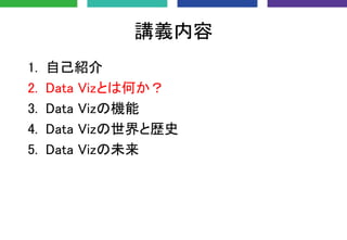 講義内容
1. 自己紹介
2. Data Vizとは何か？
3. Data Vizの機能
4. Data Vizの世界と歴史
5. Data Vizの未来
 