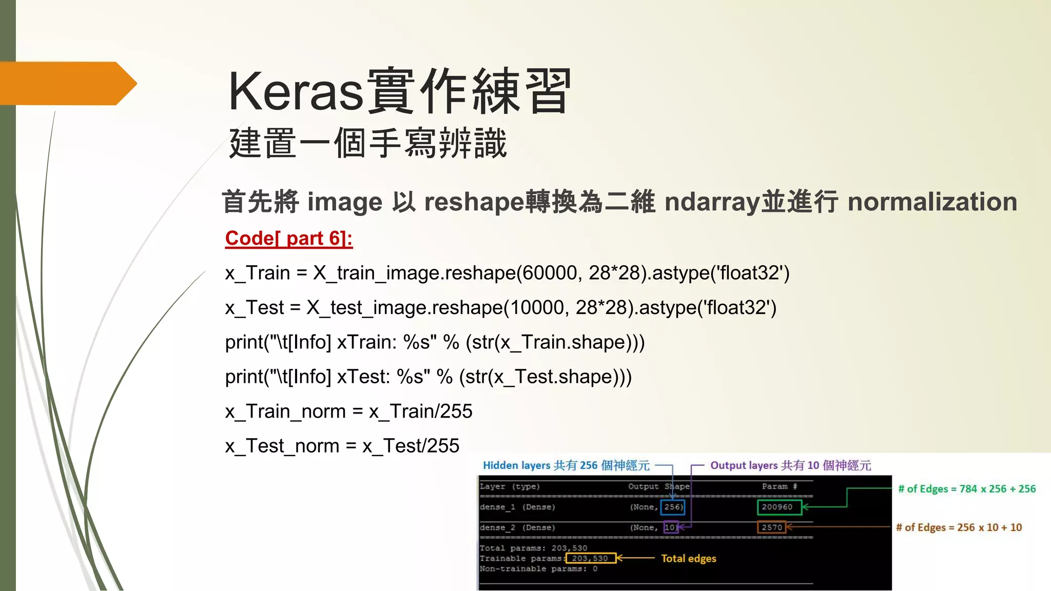 Keras實作練習
建置一個手寫辨識
首先將 image 以 reshape轉換為二維 ndarray並進行 normalization
Code[ part 6]:
x_Train = X_train_image.reshape(60000, 28*28).astype('float32')
x_Test = X_test_image.reshape(10000, 28*28).astype('float32')
print("t[Info] xTrain: %s" % (str(x_Train.shape)))
print("t[Info] xTest: %s" % (str(x_Test.shape)))
x_Train_norm = x_Train/255
x_Test_norm = x_Test/255
 