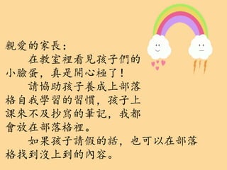 親愛的家長：
在教室裡看見孩子們的
小臉蛋，真是開心極了！
請協助孩子養成上部落
格自我學習的習慣，孩子上
課來不及抄寫的筆記，我都
會放在部落格裡。
如果孩子請假的話，也可以在部落
格找到沒上到的內容。
 