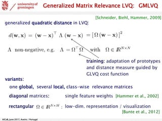 AlCoB, June 2017, Aveiro / Portugal
GMLVQ
generalized quadratic distance in LVQ:
[Schneider, Biehl, Hammer, 2009]
variants:
one global, several local, class-wise relevance matrices
rectangular low-dim. representation / visualization
[Bunte et al., 2012]
diagonal matrices: single feature weights [Hammer et al., 2002]
training: adaptation of prototypes
and distance measure guided by
GLVQ cost function
Generalized Matrix Relevance LVQ:
 
