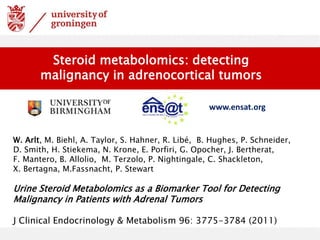 Steroid metabolomics: detecting
malignancy in adrenocortical tumors
www.ensat.org
W. Arlt, M. Biehl, A. Taylor, S. Hahner, R. Libé, B. Hughes, P. Schneider,
D. Smith, H. Stiekema, N. Krone, E. Porfiri, G. Opocher, J. Bertherat,
F. Mantero, B. Allolio, M. Terzolo, P. Nightingale, C. Shackleton,
X. Bertagna, M.Fassnacht, P. Stewart
Urine Steroid Metabolomics as a Biomarker Tool for Detecting
Malignancy in Patients with Adrenal Tumors
J Clinical Endocrinology & Metabolism 96: 3775-3784 (2011)
 