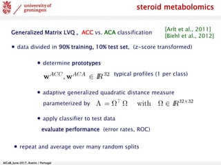 AlCoB, June 2017, Aveiro / Portugal
Generalized Matrix LVQ , ACC vs. ACA classification
∙ data divided in 90% training, 10% test set, (z-score transformed)
∙ determine prototypes
typical profiles (1 per class)
∙ apply classifier to test data
evaluate performance (error rates, ROC)
∙ adaptive generalized quadratic distance measure
parameterized by
∙ repeat and average over many random splits
[Arlt et al., 2011]
[Biehl et al., 2012]
steroid metabolomics
 